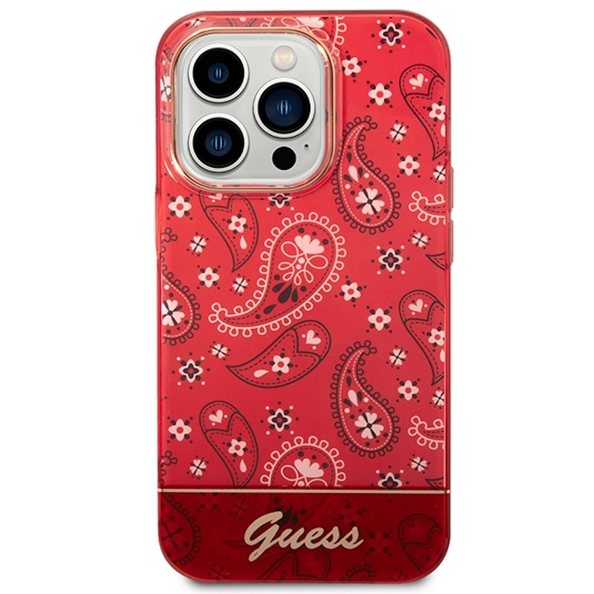Una custodia per telefono Guess rossa con motivo paisley e dettagli dorati. Il logo Guess è in basso.