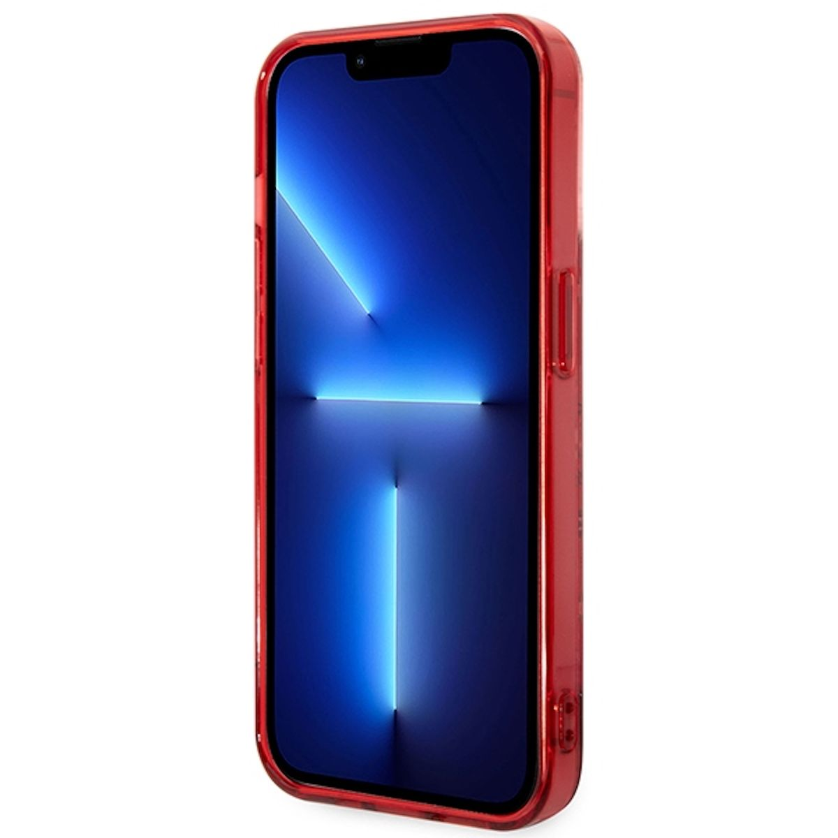 iPhone rosso con ampio display. Il telefono è in una custodia trasparente rossa.