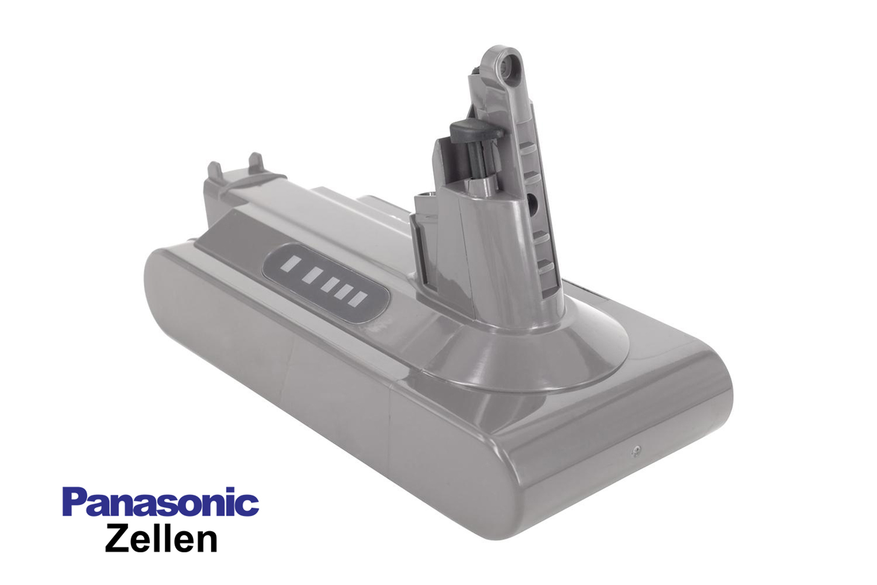 Ein grauer Dyson Staubsauger-Akku mit dem Panasonic Zeller Logo auf weißem Hintergrund.