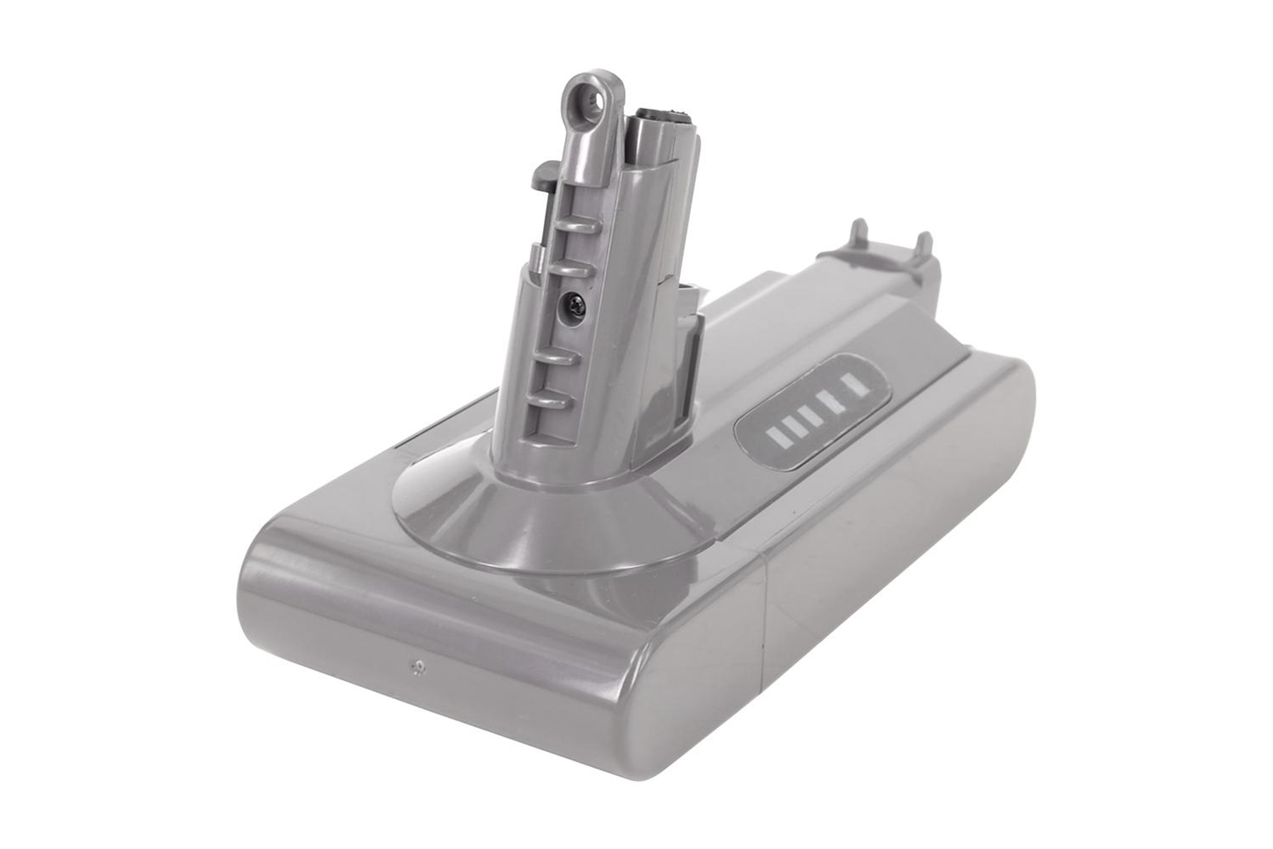 Ein silber-grauer Akku für einen kabellosen Staubsauger. Der Akku hat eine Ladeanzeige und einen Ladeanschluss.