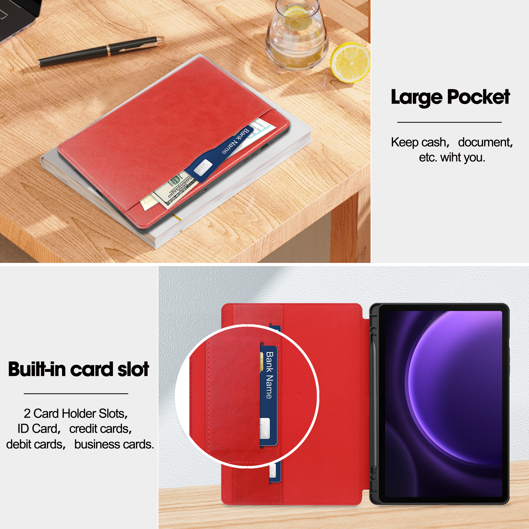 Rote Tablet-Hülle mit Kartenfächern und einer Tasche, sowie ein Tablet mit Stift.