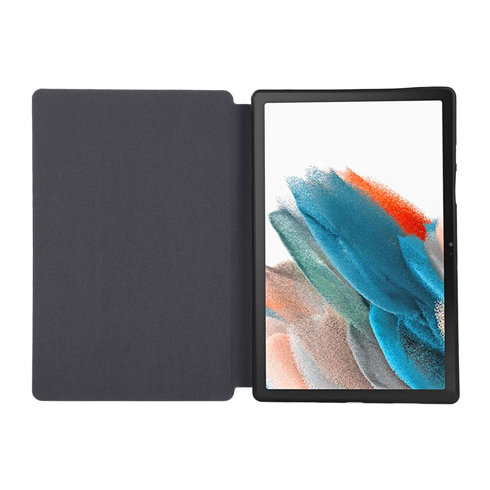 Tablet mit geöffneter dunkler Hülle, zeigt ein farbenfrohes abstraktes Bild.