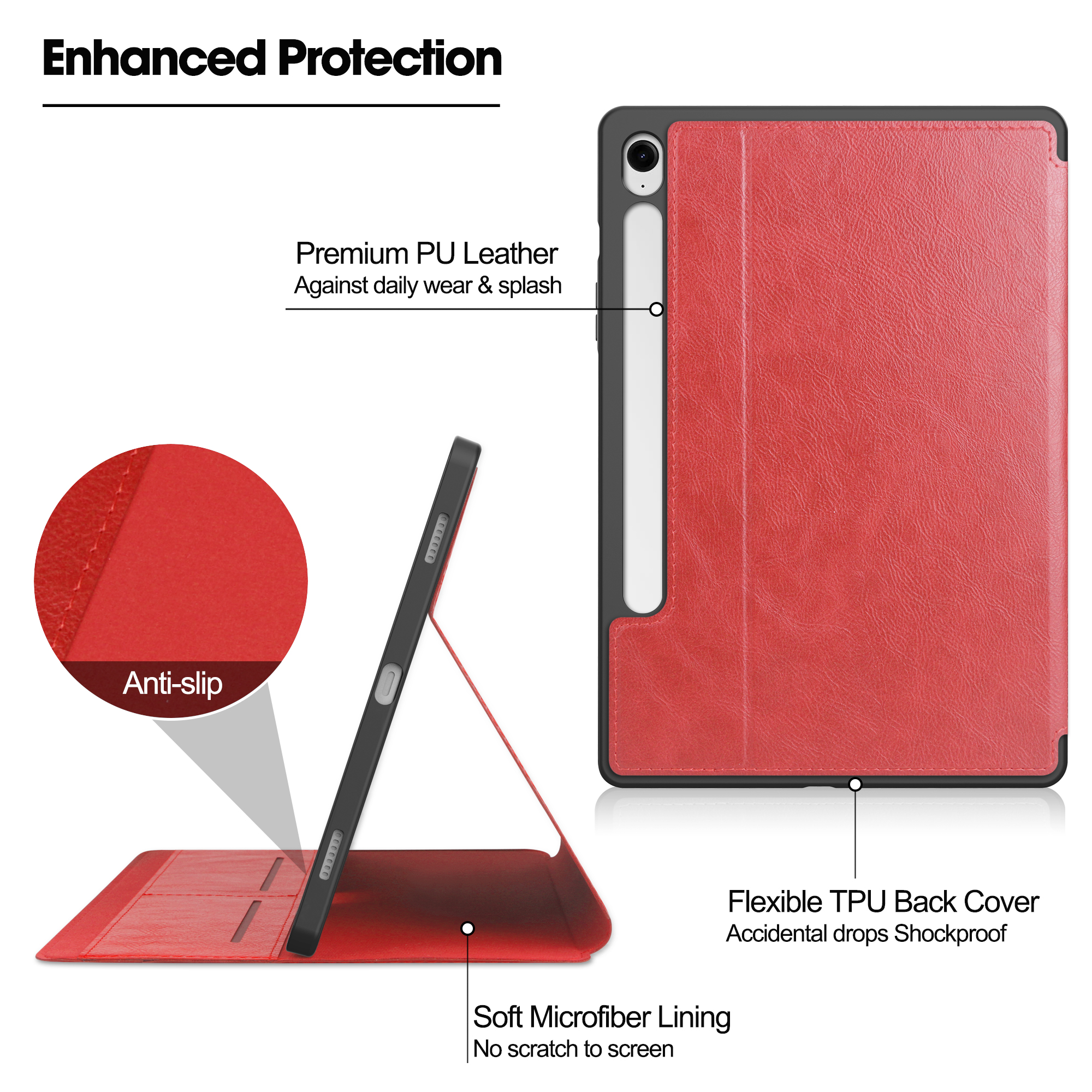 Rote Tablethülle mit Funktionen: PU-Leder, Anti-Rutsch, Mikrofaserfutter und flexible TPU-Rückseite.