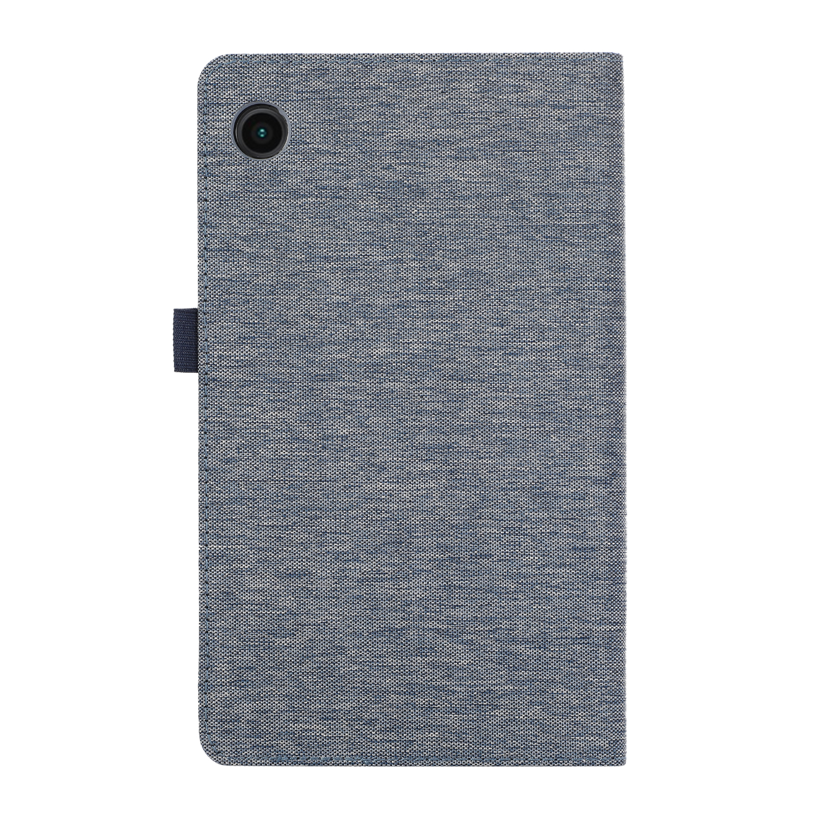 Tablethülle mit einem Kamerloch, in einer blauen Stoffstruktur.
