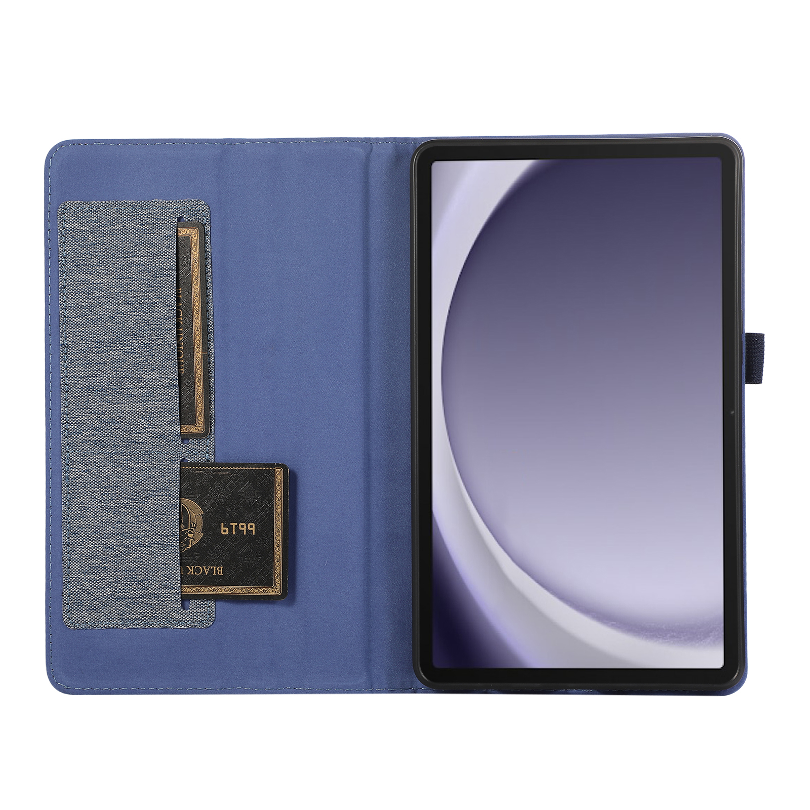 Eine blaue Tablethülle mit Tablet und Kartenfächern.