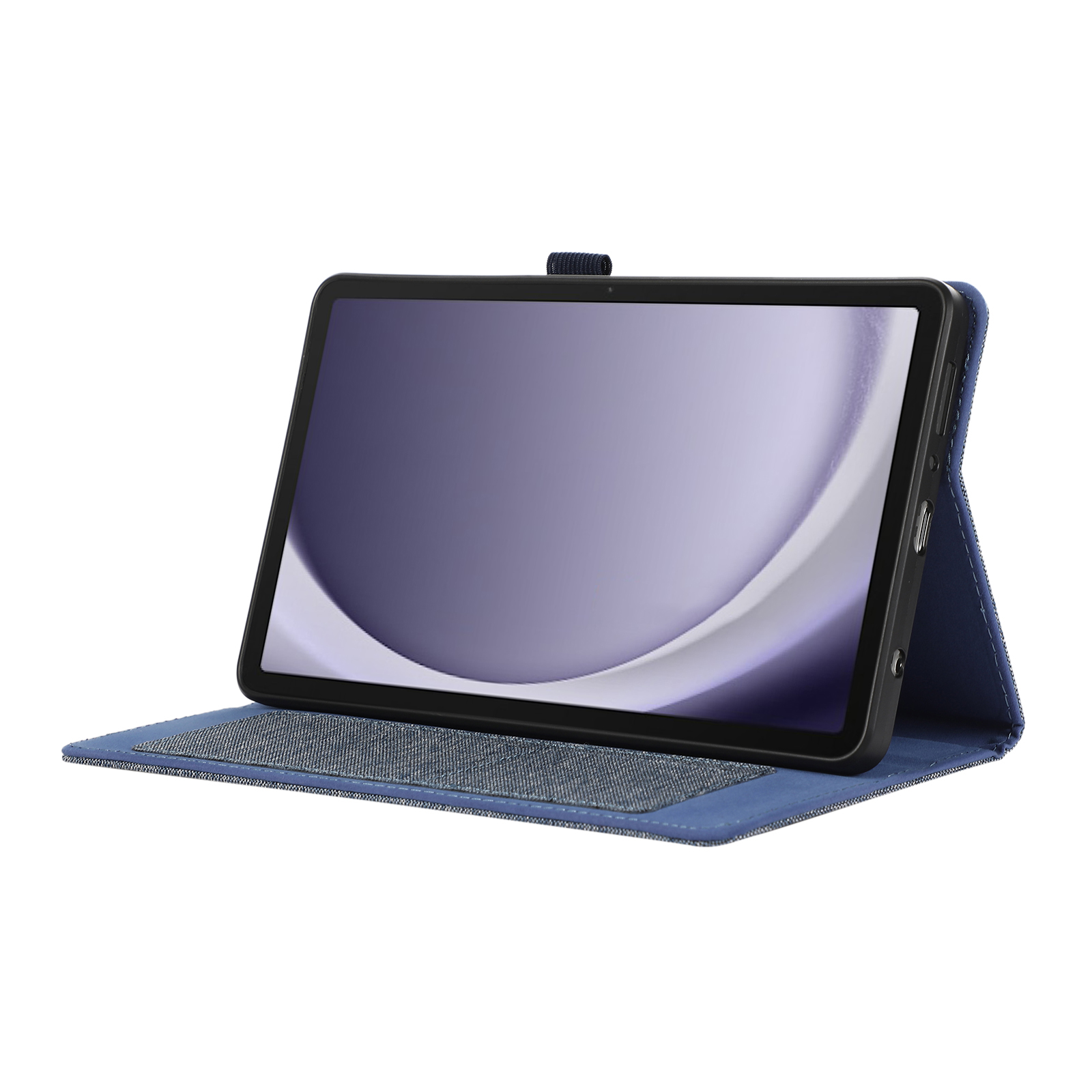 Tablet in blauem Case, offen, zeigt ein Bild.