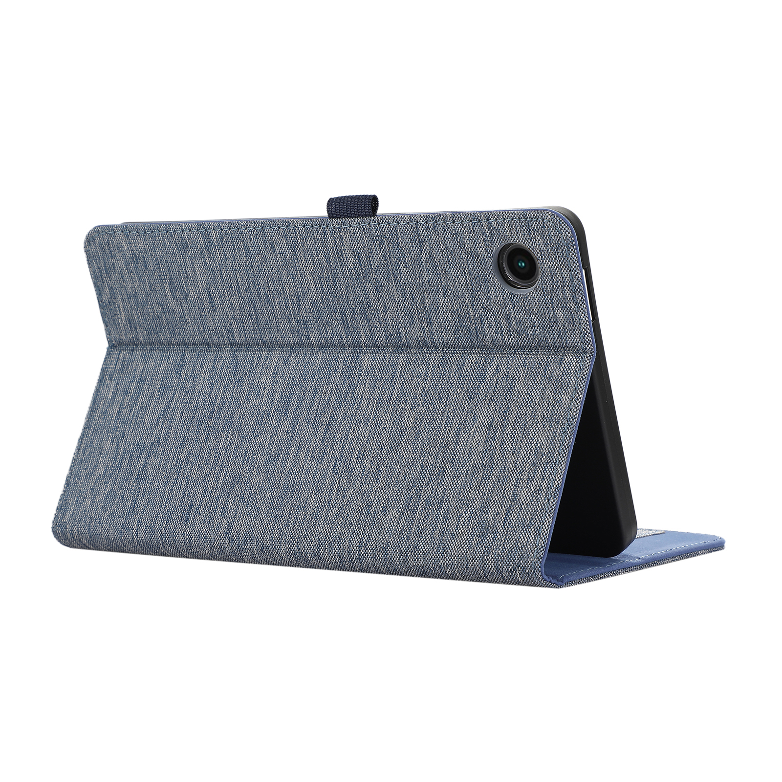 Tablet-Hülle aus blauem Denim-Material, mit Kameraausschnitt und Ausklapp-Design.