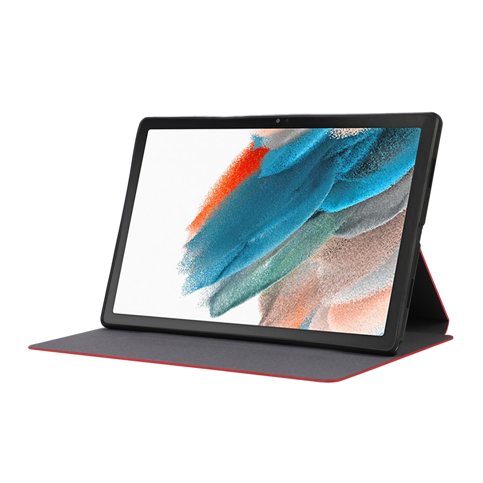 Tablet mit bunter abstrakter Kunst auf dem Bildschirm, aufgestellt durch eine Hülle, die auch ein Ständer ist.