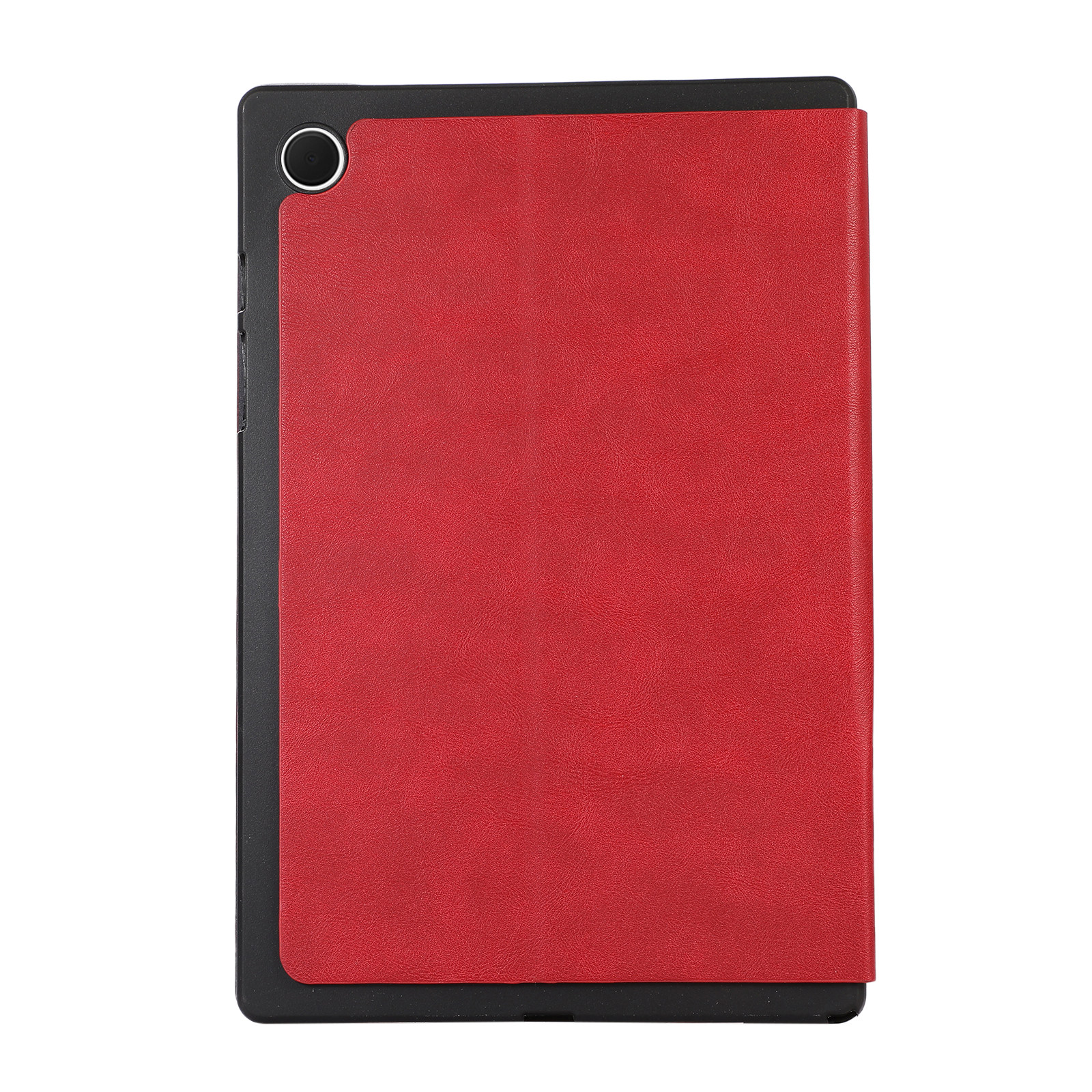 Rote Tablet-Hülle mit schwarzem Tablet darin. Hülle ist geschlossen. Rückseite des Tablets sichtbar. Roter Einband.