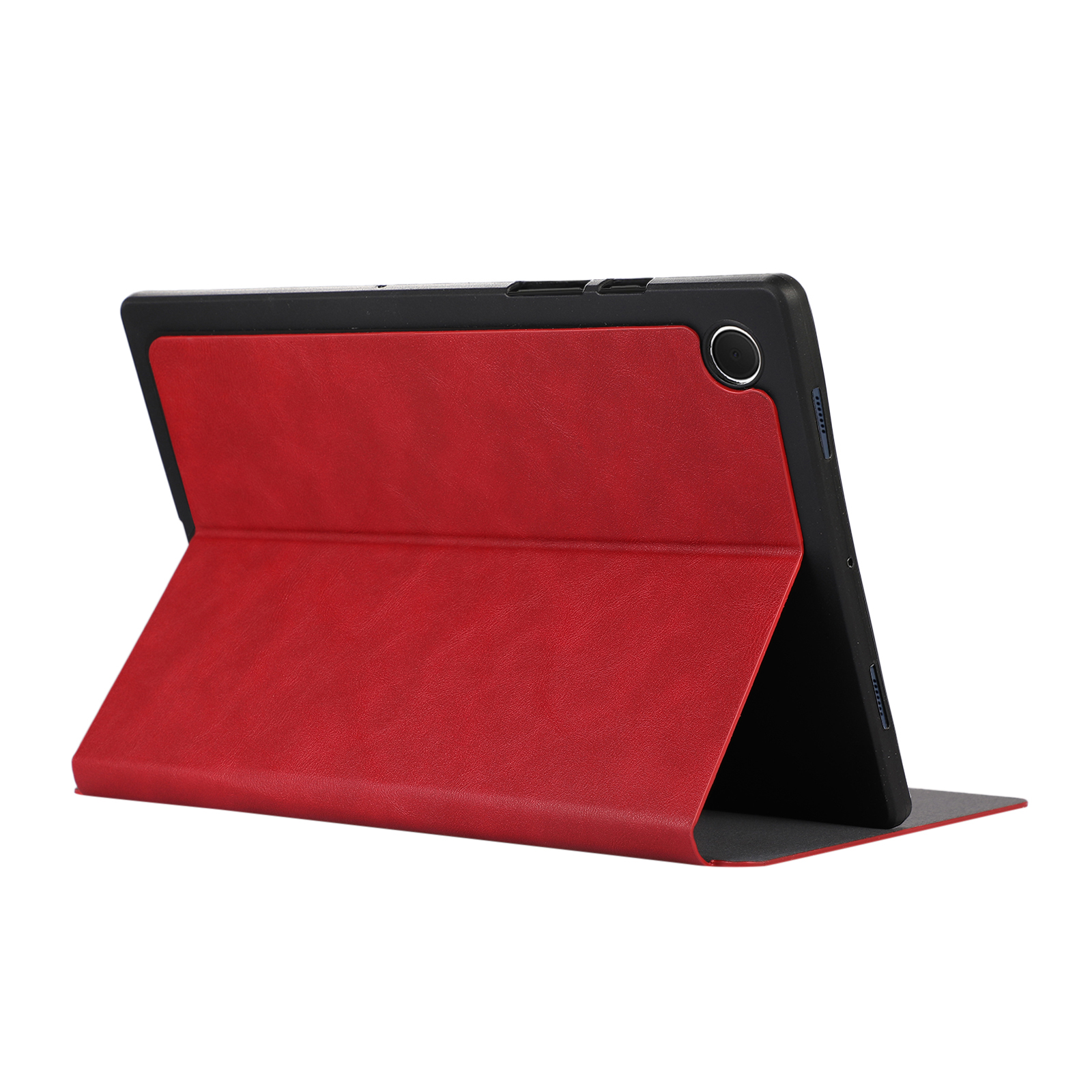 Eine rote Tablethülle ist geöffnet und zeigt das Tablet. Das Tablet ist schwarz und hat eine Kamera an der Seite.