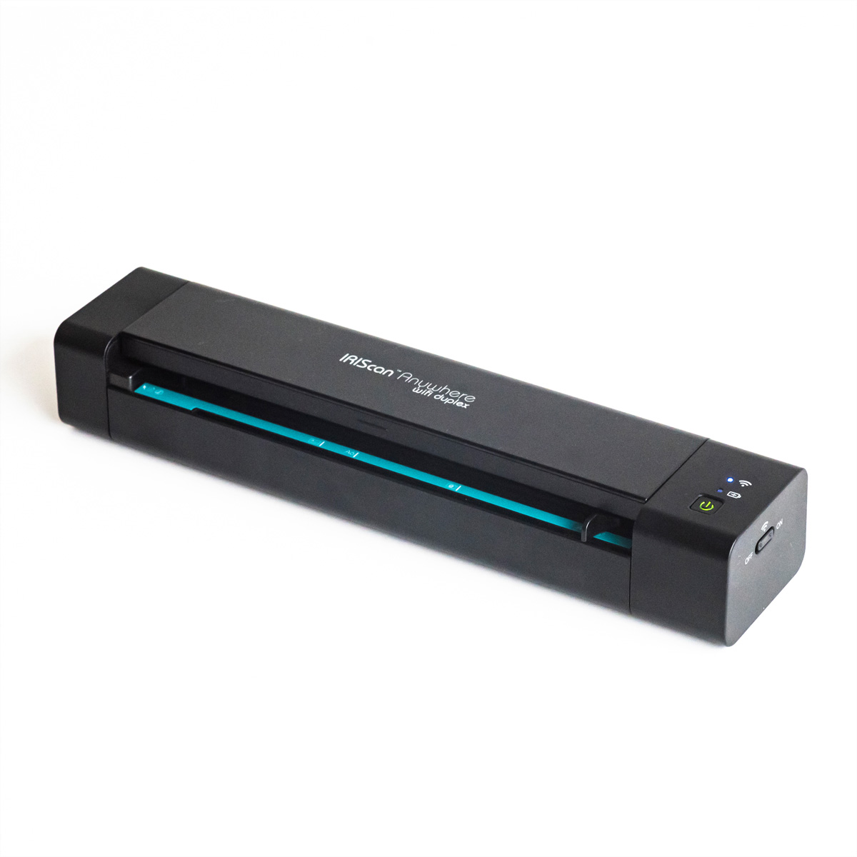 Zwarte IRIScan Anywhere 5 scanner, rechthoekig, met een lichtblauwe strook en witte achtergrond.