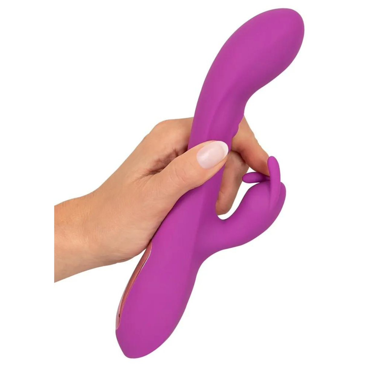 Hand hält ein lila Sexspielzeug.