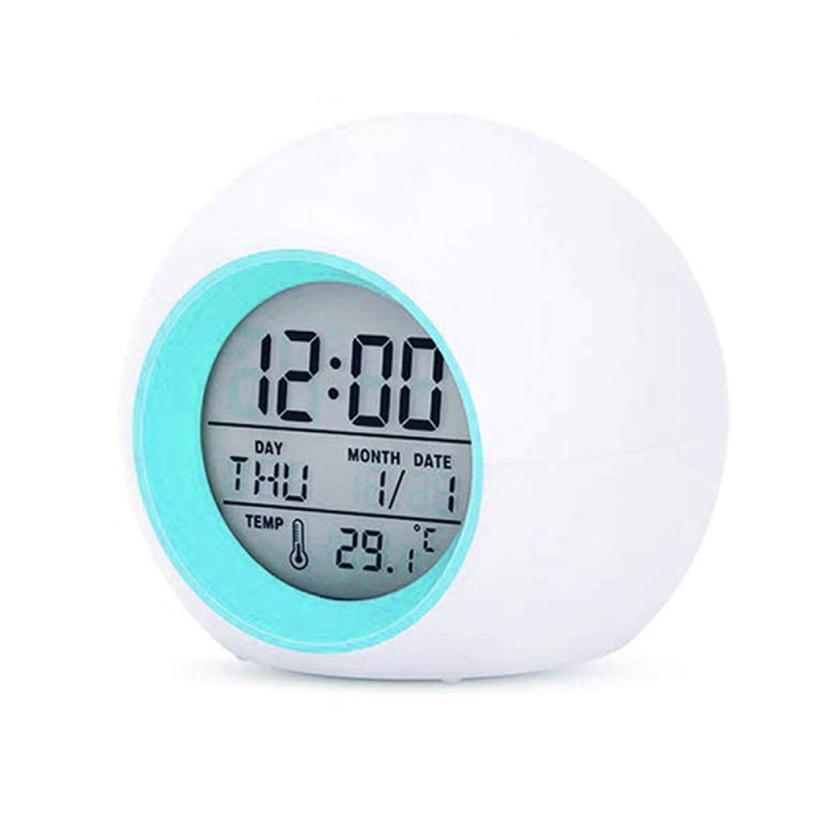 Weiß-blauer kugelförmiger Wecker mit Anzeige 12:00, Donnerstag, 1/1 und 29,1°C.