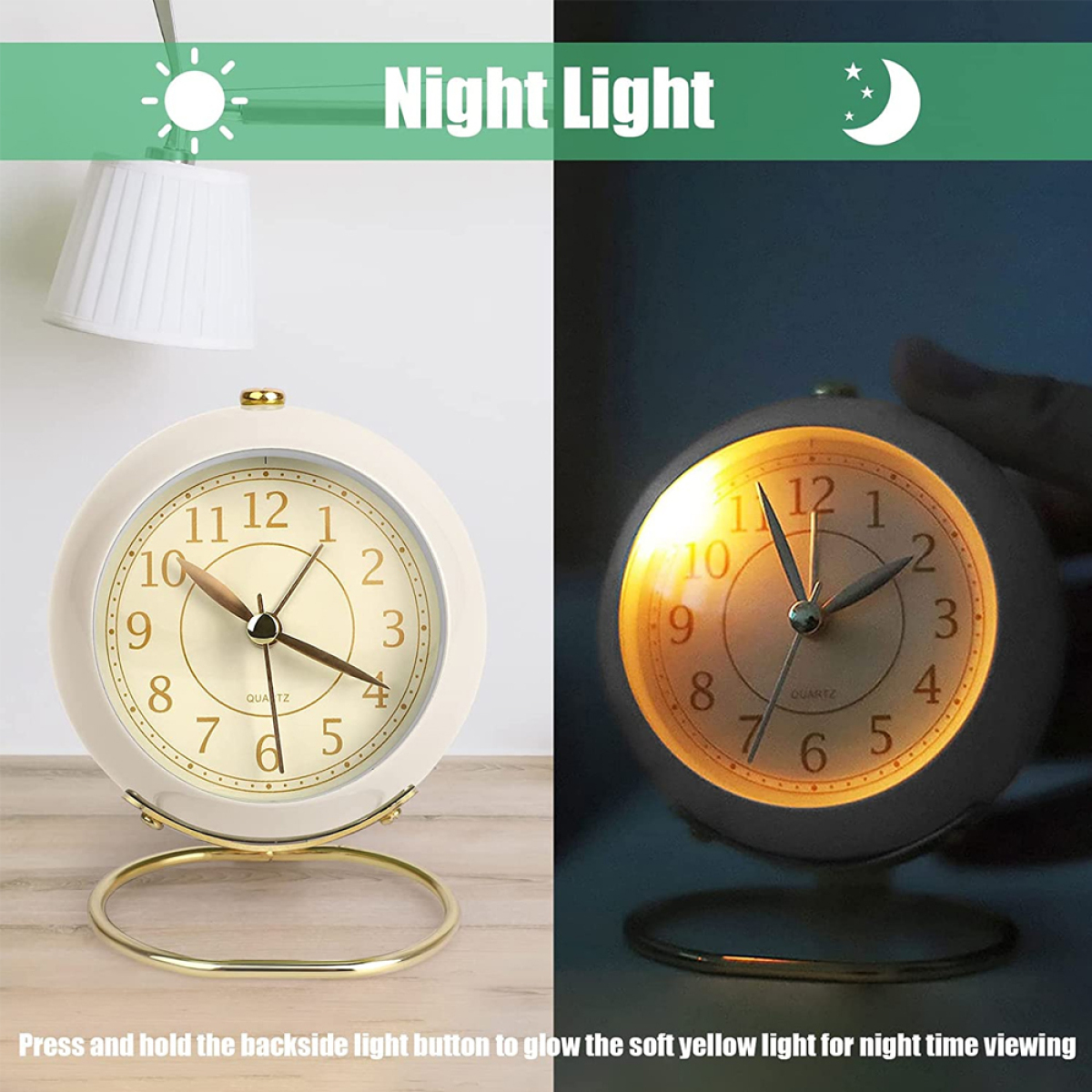 Ein weißer Wecker mit goldenem Sockel und Nachtlichtfunktion, zeigt die Uhrzeit.