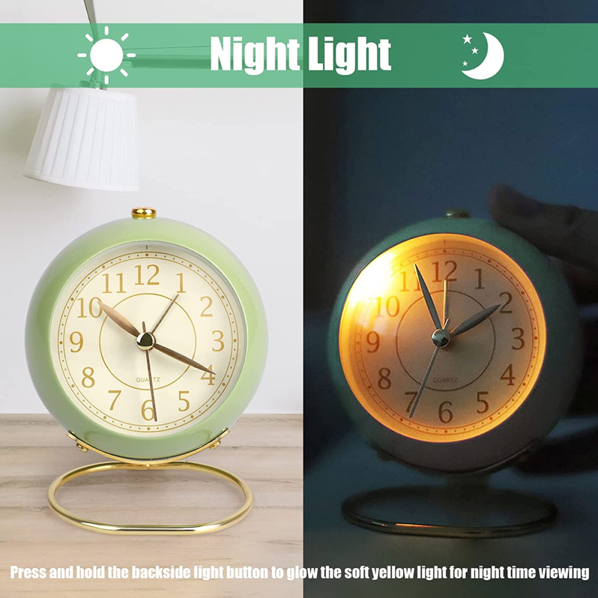 Eine grüne Uhr, die Zeit anzeigt, Licht ein und aus. Sie hat einen goldenen Sockel und ein beleuchtetes Zifferblatt.