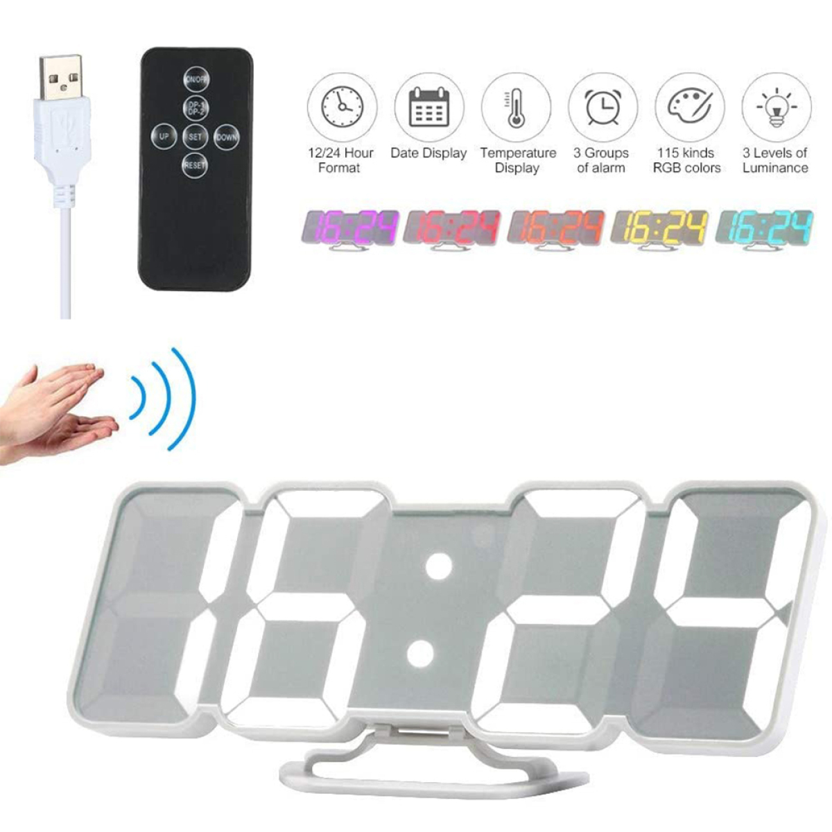 Digitaluhr mit weißen Ziffern und Fernbedienung. Zeigt Zeit, Datum und Temperatur mit Alarmen an.