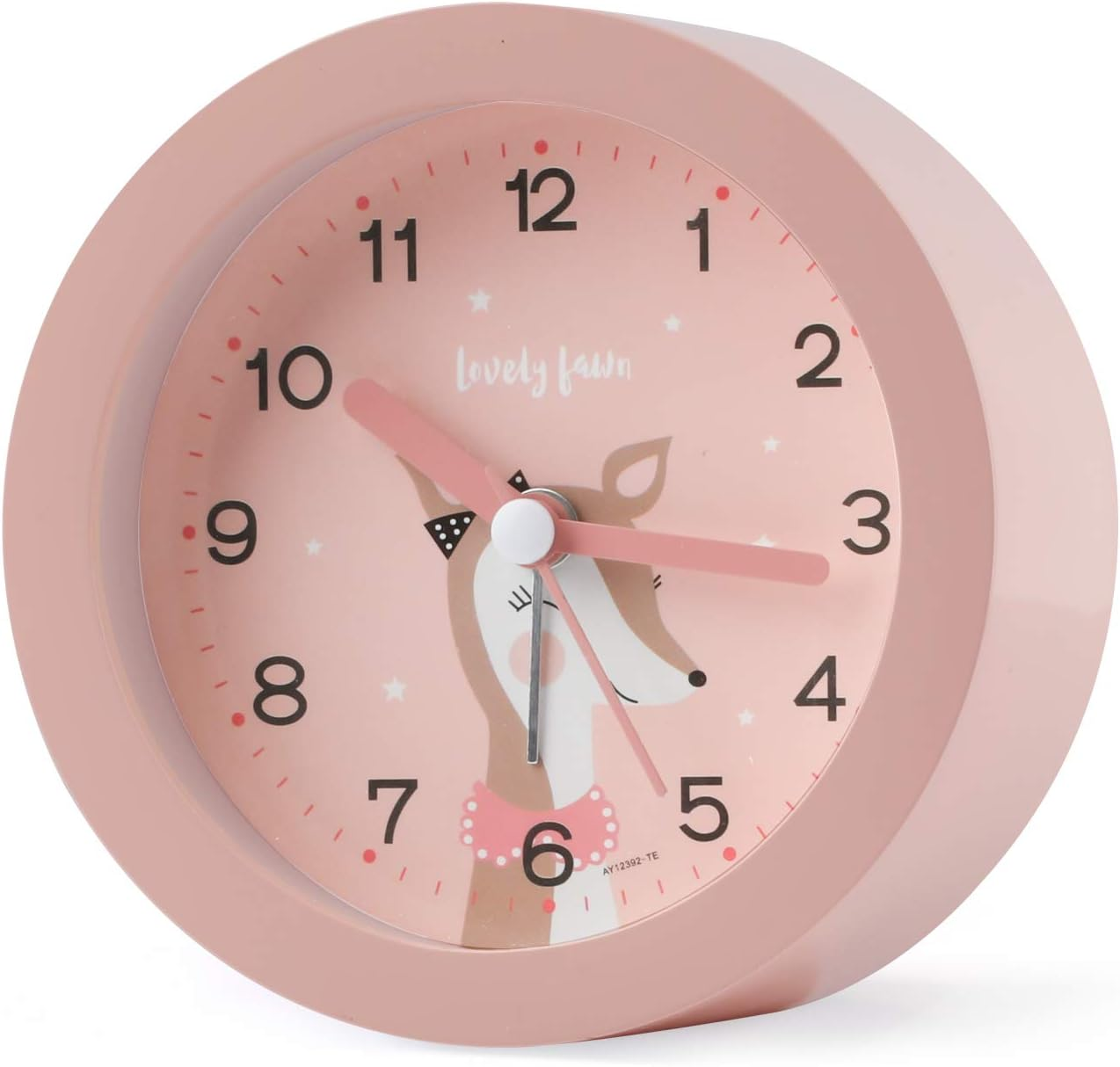 Rosa Wecker mit Hirschdesign. Die Uhr zeigt die Uhrzeit an.