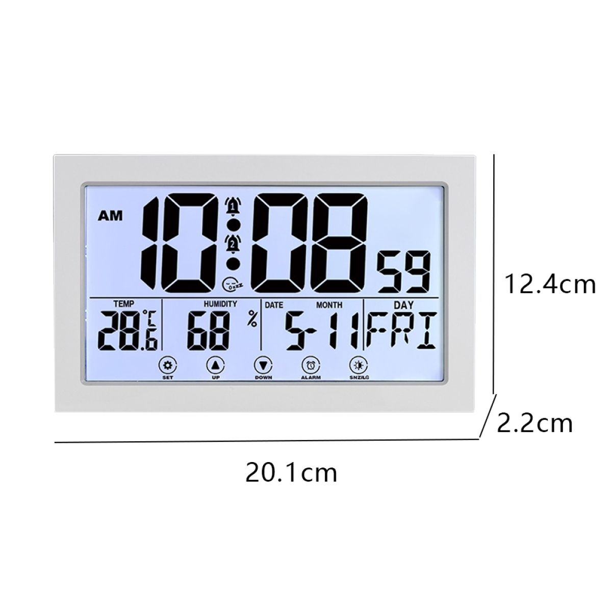 Digitaluhr mit großen Zahlen, die Zeit, Temperatur, Luftfeuchtigkeit, Datum und Tag anzeigen. Weißer Hintergrund.
