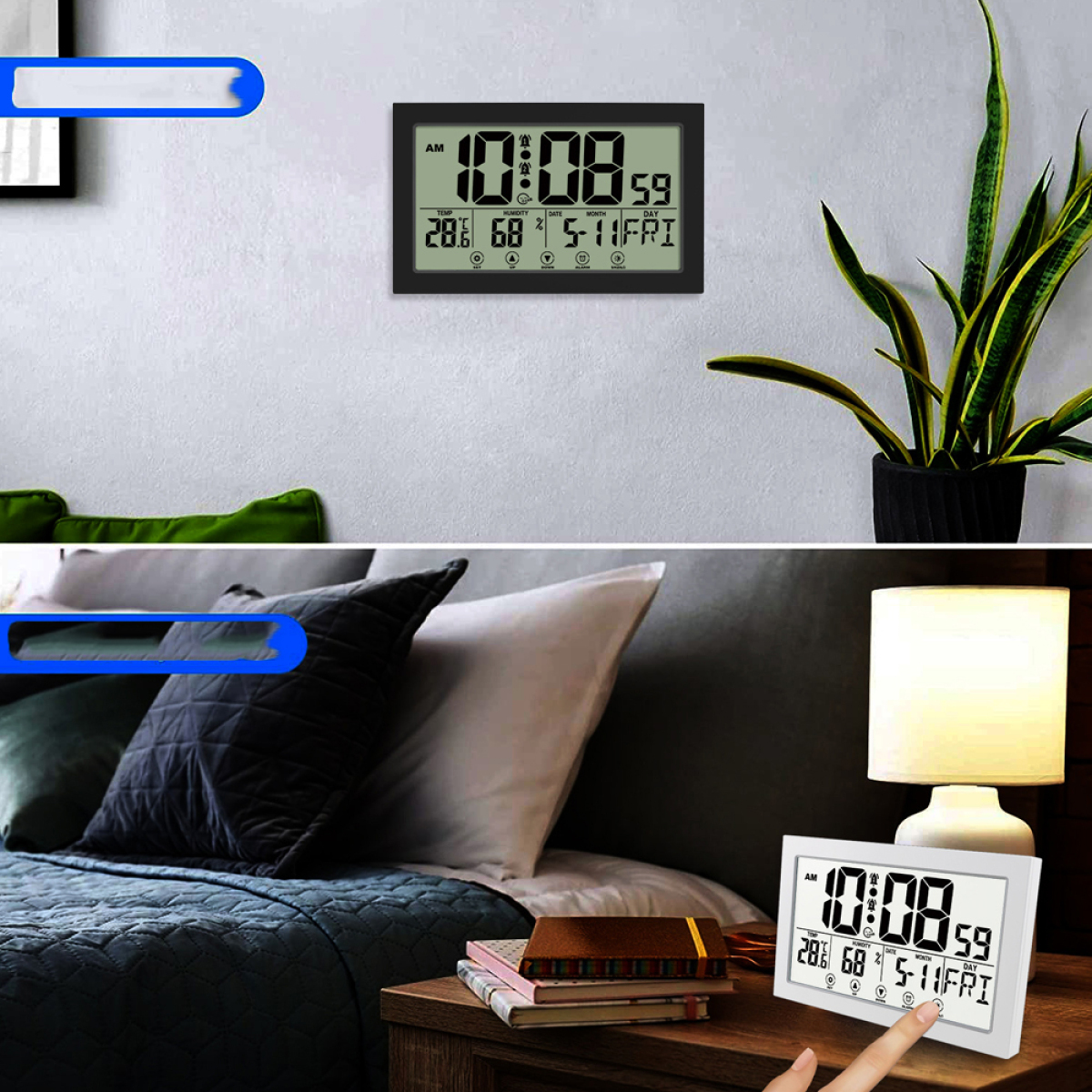 Digitaluhr an einer Wand und auf einem Nachttisch, zeigt Zeit und Datum.