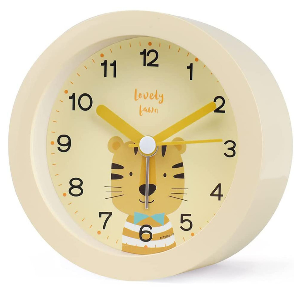 Cremefarbener Wecker mit einem Tiger auf dem Zifferblatt. Die Uhr zeigt die Zeit an.