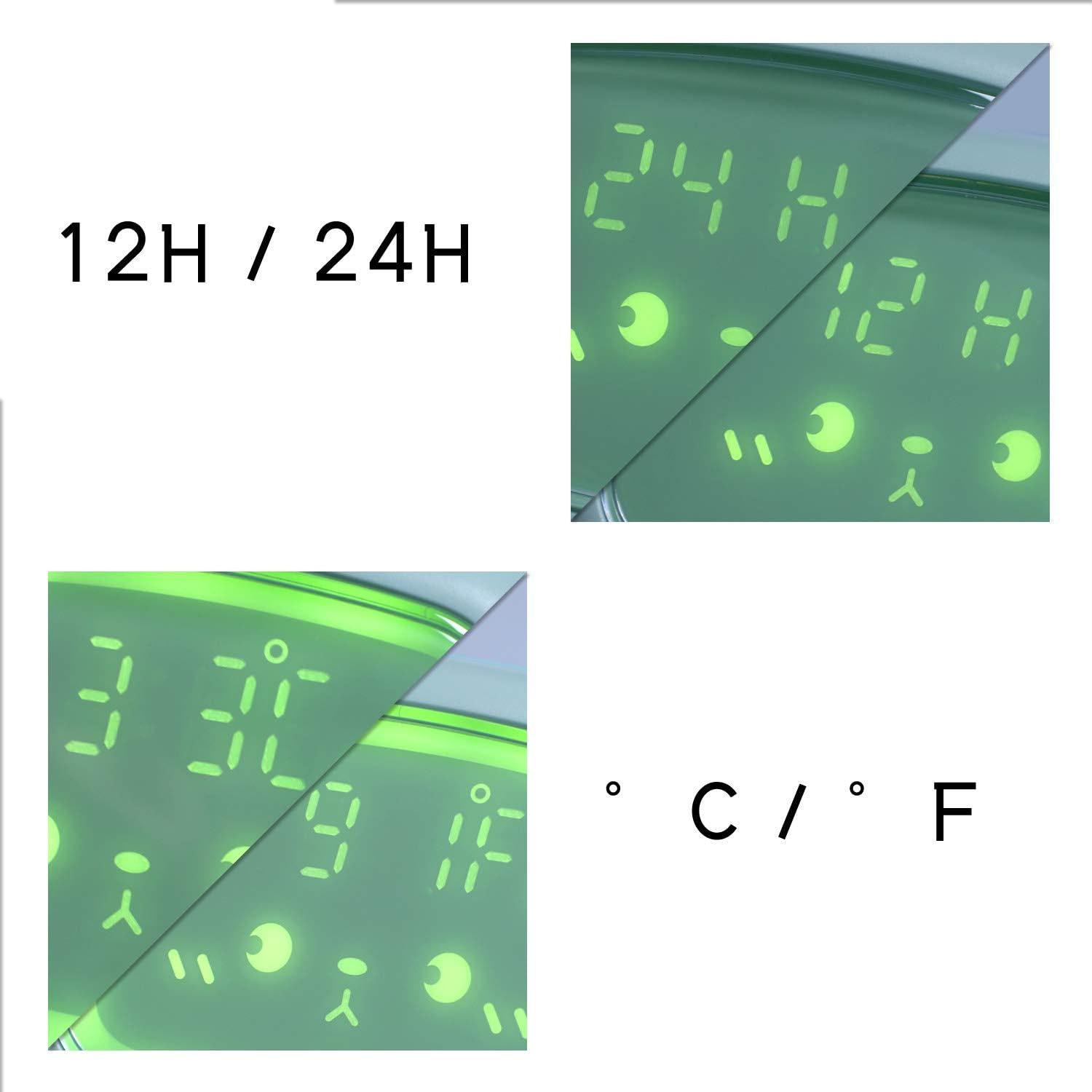 Nahaufnahme eines Digitaluhr-Zifferblatts mit Zeit- und Temperaturanzeige. Text lautet '12H / 24H' und 'C / F'.