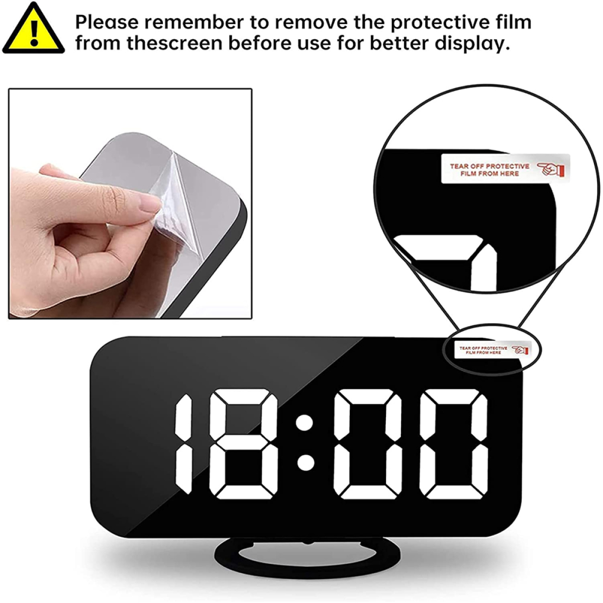 Eine Digitaluhr und eine Hand, die die Schutzfolie vom Bildschirm abzieht.