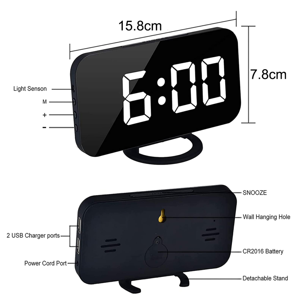 Eine Digitaluhr mit schwarzem Rahmen, die 6:00 anzeigt. Abmessungen: 15,8 x 7,8 cm.