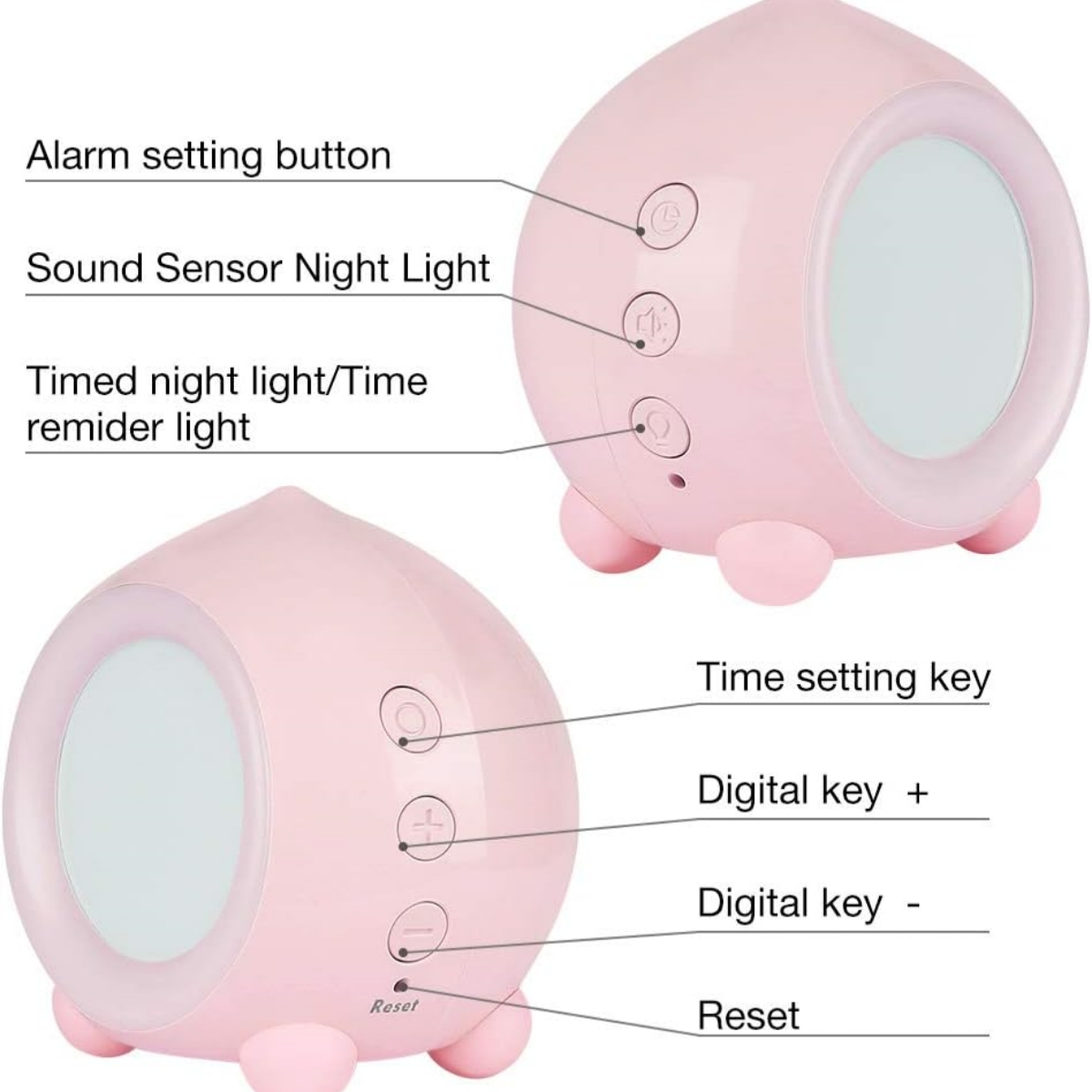 Zwei pinke Wecker. Funktionen: Weckereinstellung, Soundsensor, Zeiteinstellung, digitale Tasten und Reset.
