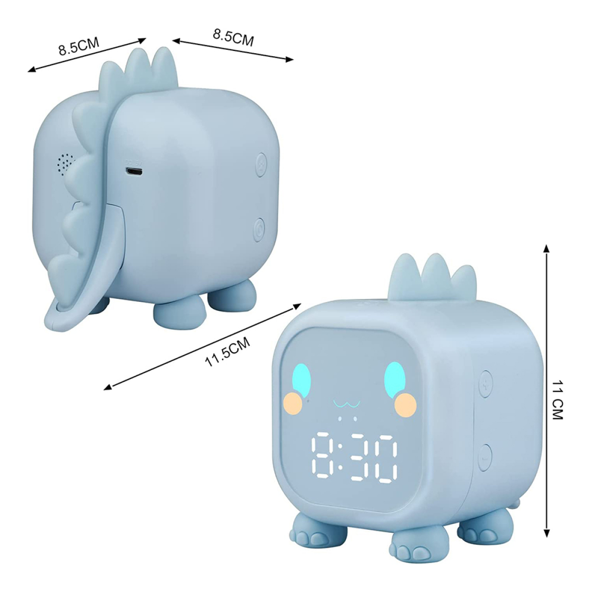 Blauer Dinosaurier-Wecker mit Digitalanzeige. Abmessungen sind beschriftet.