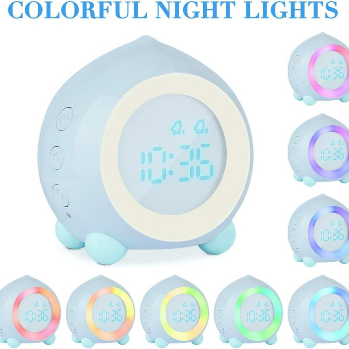 Bunte Nachtlichter mit Digitalanzeigen. Mehrere Lichter mit verschiedenen Farben und Uhrzeit.