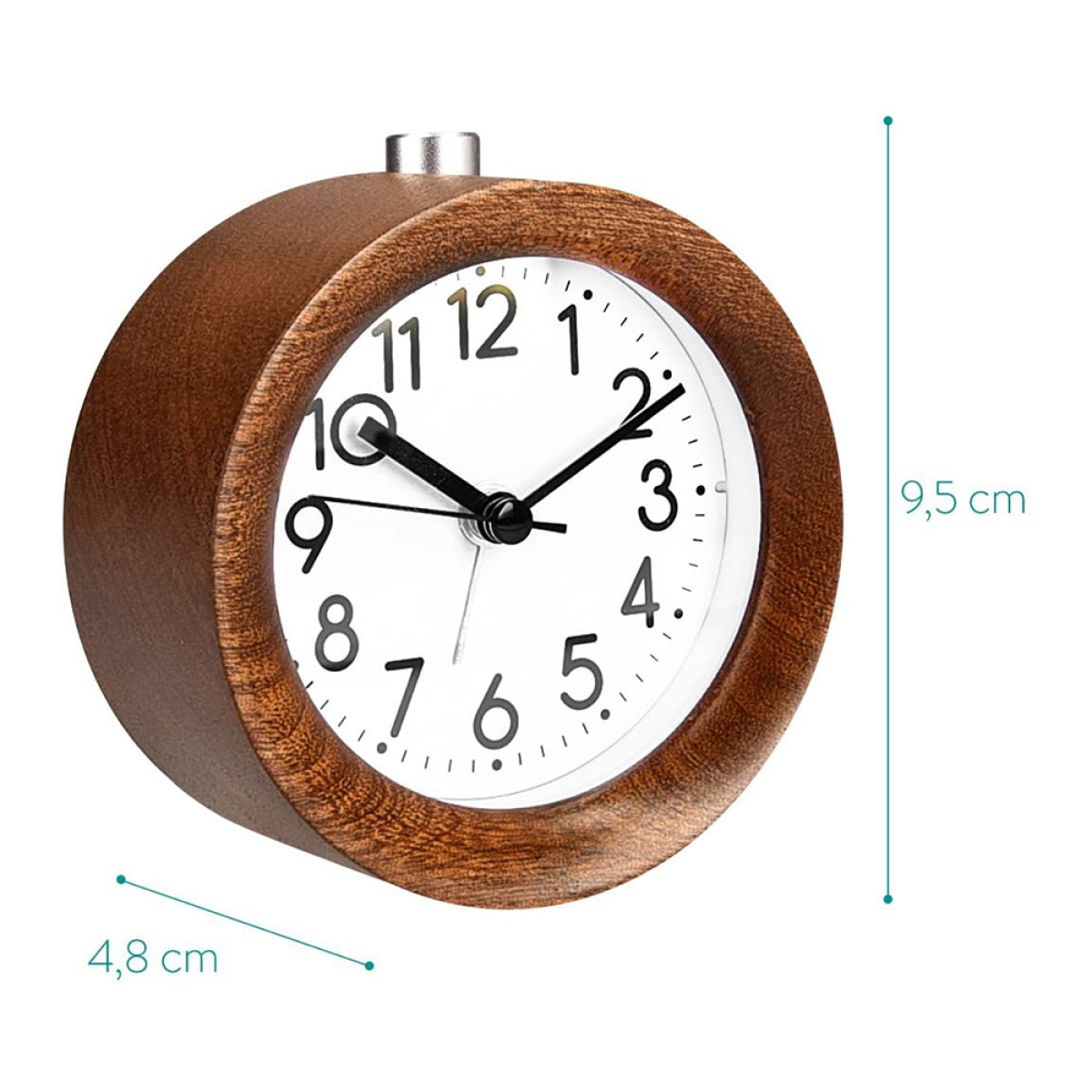 Wecker aus Holz mit weißem Zifferblatt. Die Uhr zeigt die Zeit 10:50 an.
