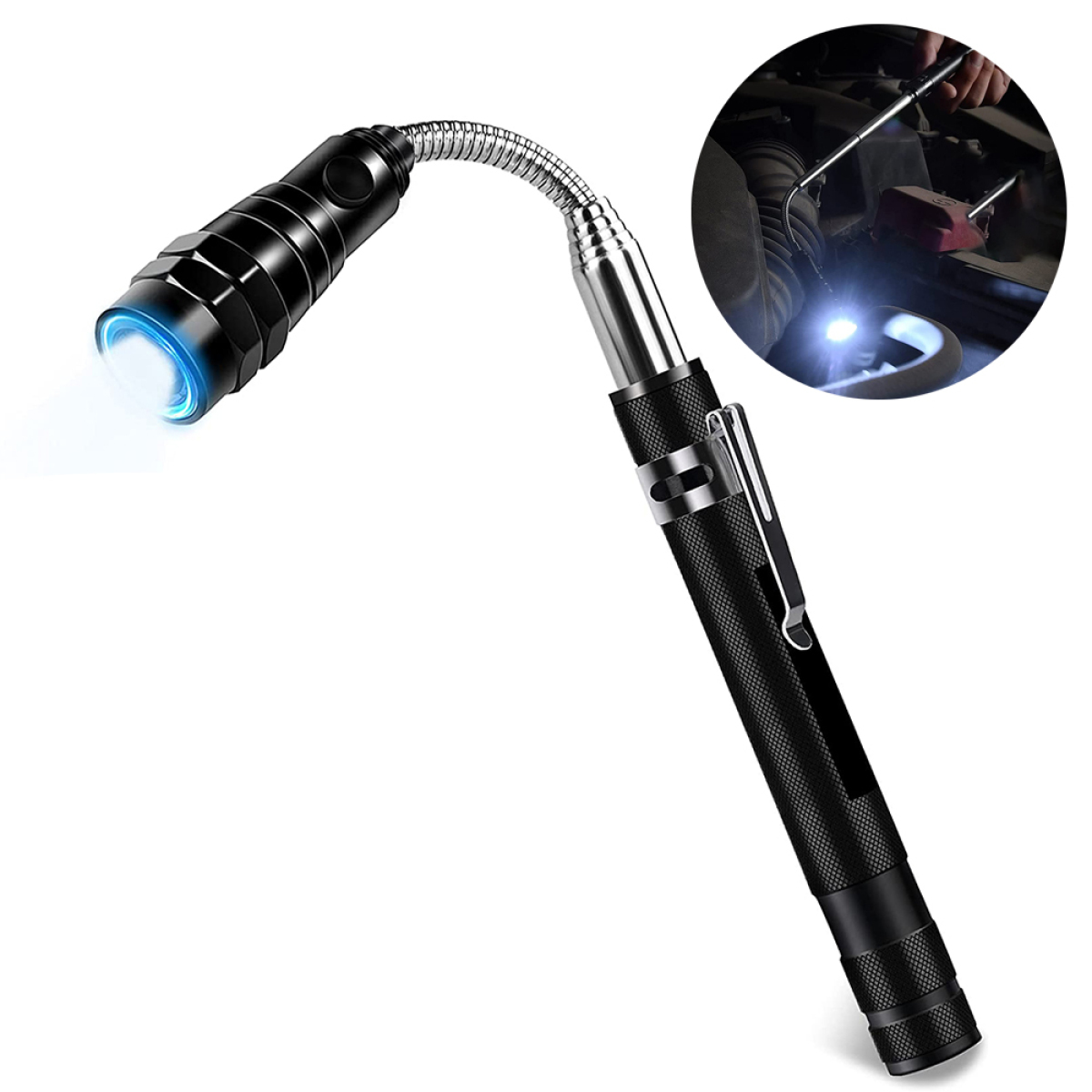 Eine schwarze Taschenlampe mit flexiblem Hals. Es beleuchtet ein Objekt. Die Szene ist eine dunkle Umgebung.