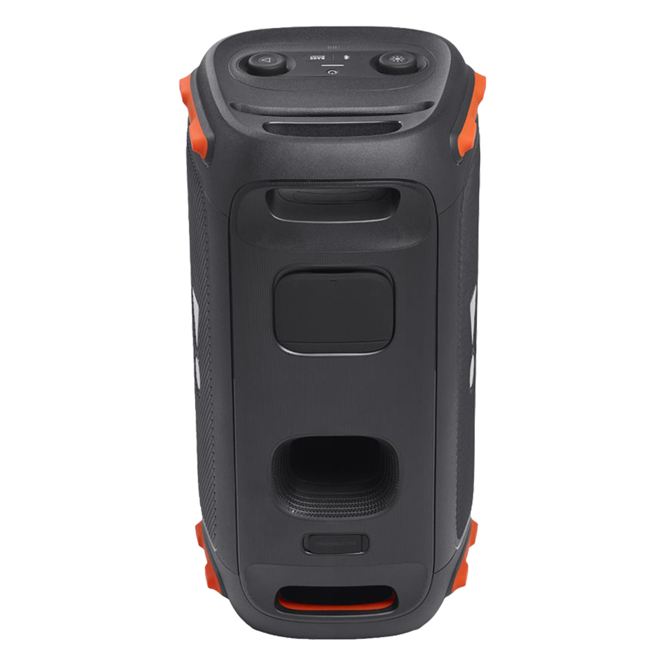 Zwarte en oranje speaker. Bediening bovenop, bas- en volume-instellingen. Zijpanelen zijn oranje.