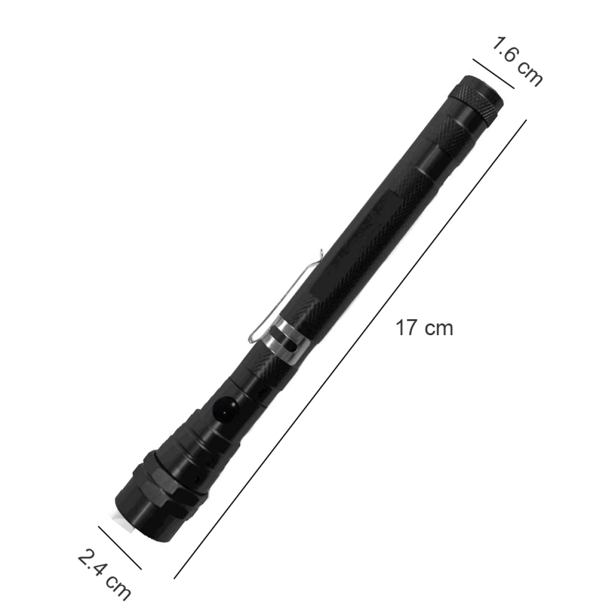 Eine schwarze Taschenlampe mit Abmessungen und Beschriftungen. Sie liegt auf einer weißen Oberfläche.