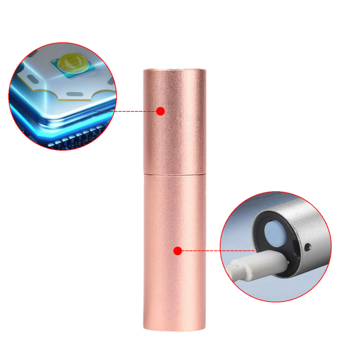 Ein rosa und roségoldfarbener Metall-Vape-Pen. Es hat eine zylindrische Form. Der Stift befindet sich auf weißem Hintergrund.