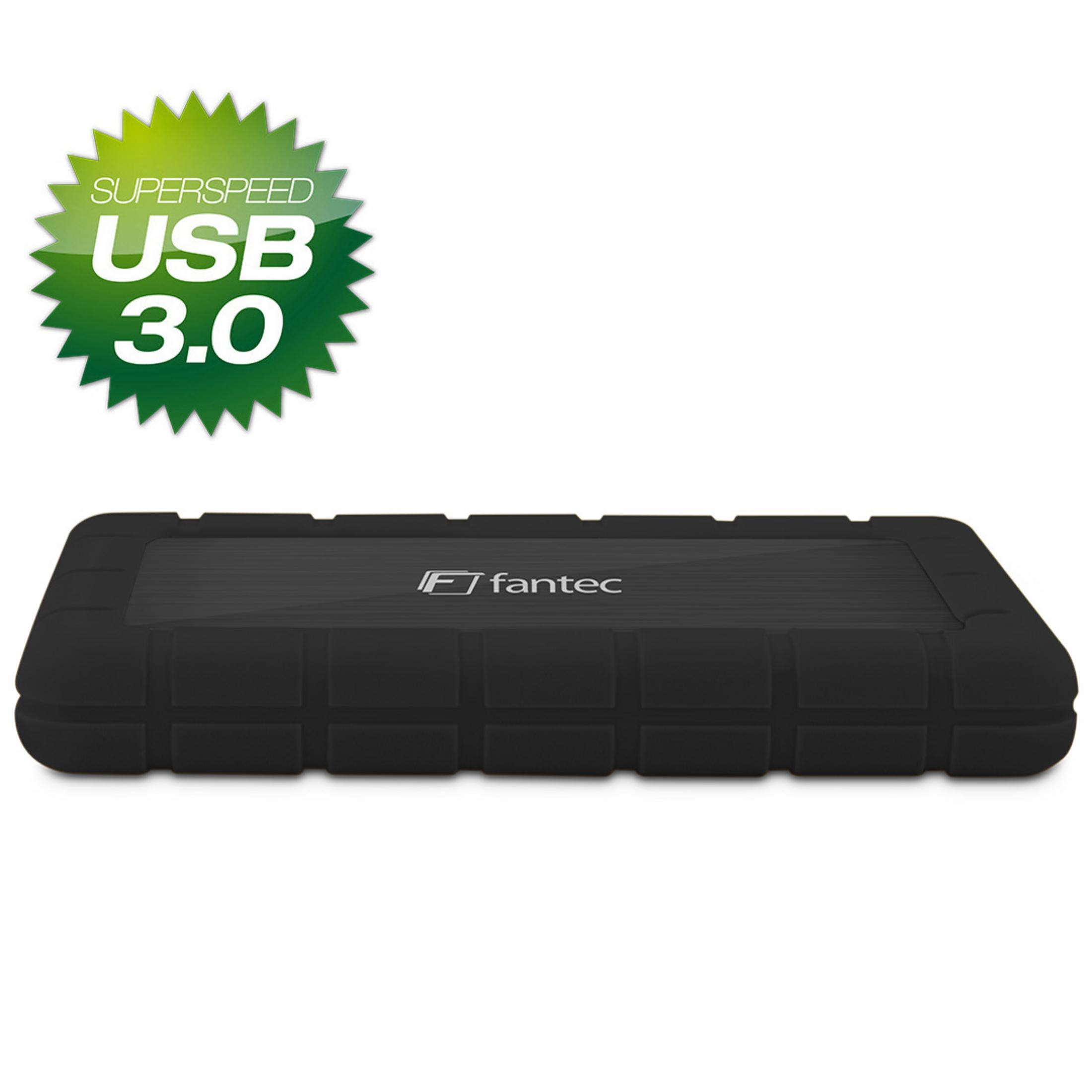 Schwarze USB 3.0 externe Festplatte mit grünem USB 3.0 Logo auf weißem Hintergrund.
