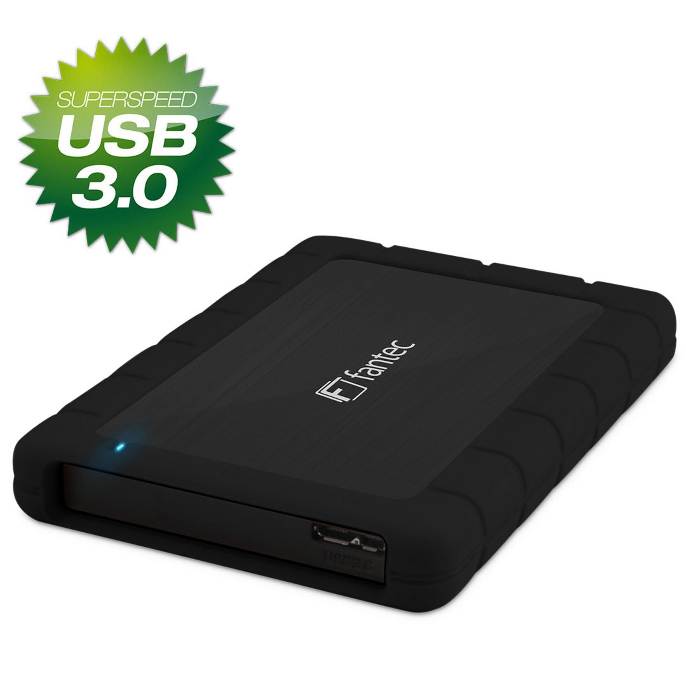 Schwarze externe Festplatte von Fantec. Enthält ein USB 3.0-Etikett und eine blaue Kontrollleuchte.