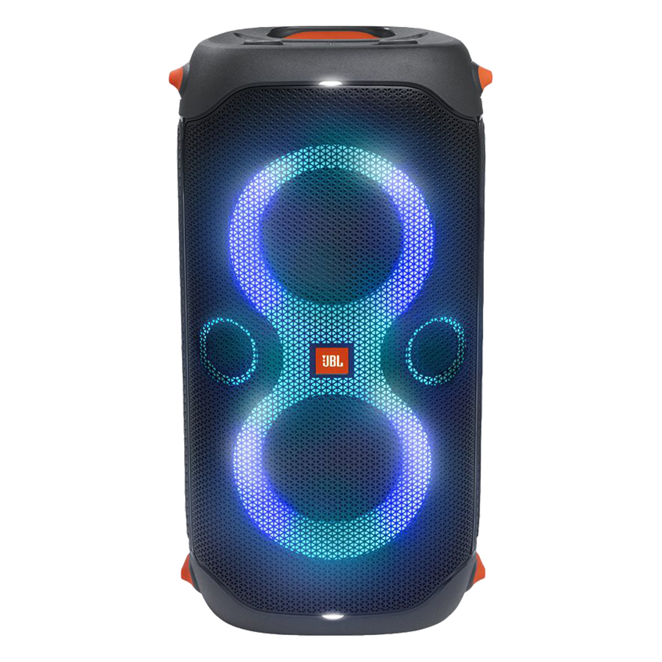 Zwarte JBL-luidspreker met blauw en blauwgroen verlicht ontwerp. Oranje accenten.