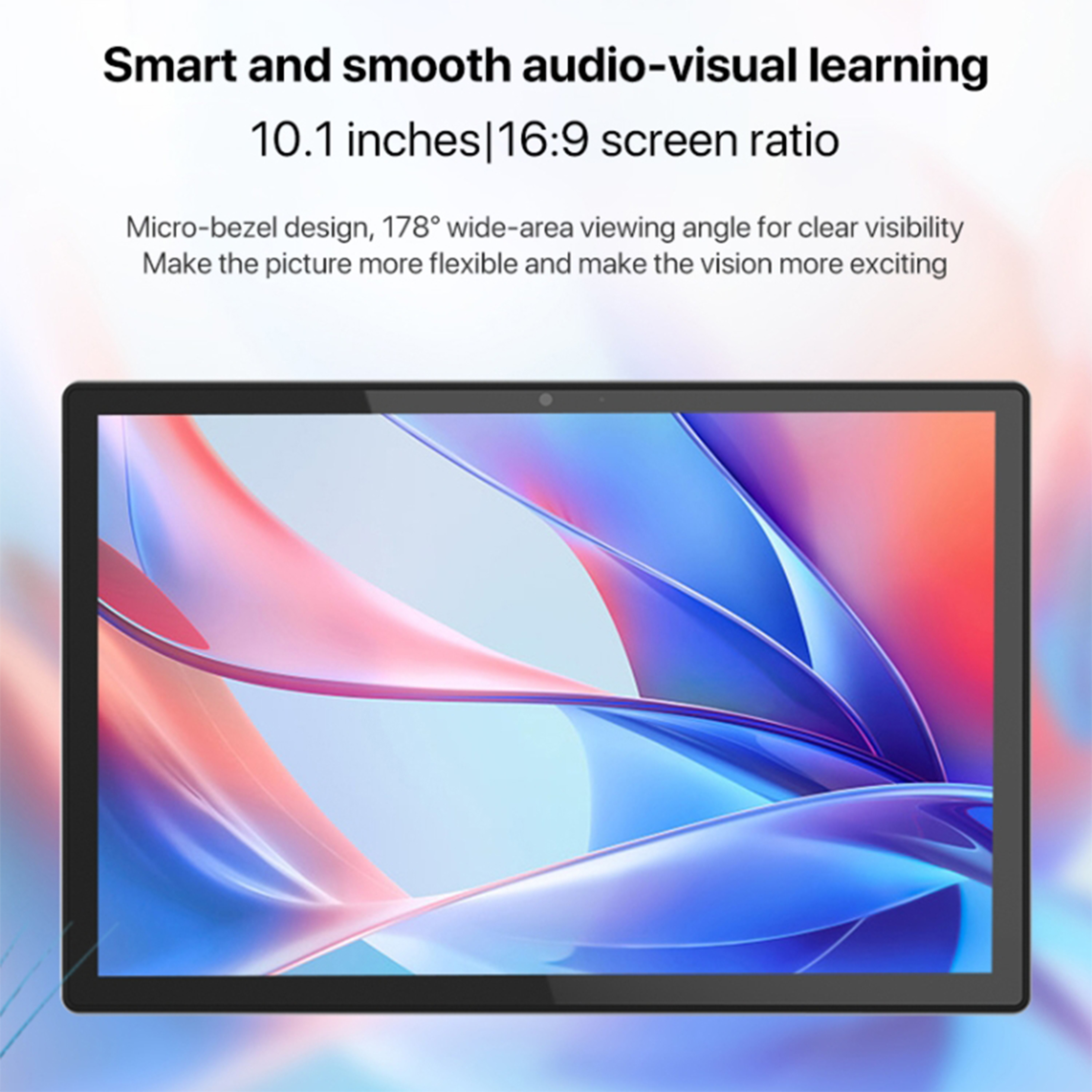 Tablet wyświetla kolorowy, abstrakcyjny obraz. Tekst u góry opisuje jego funkcje.