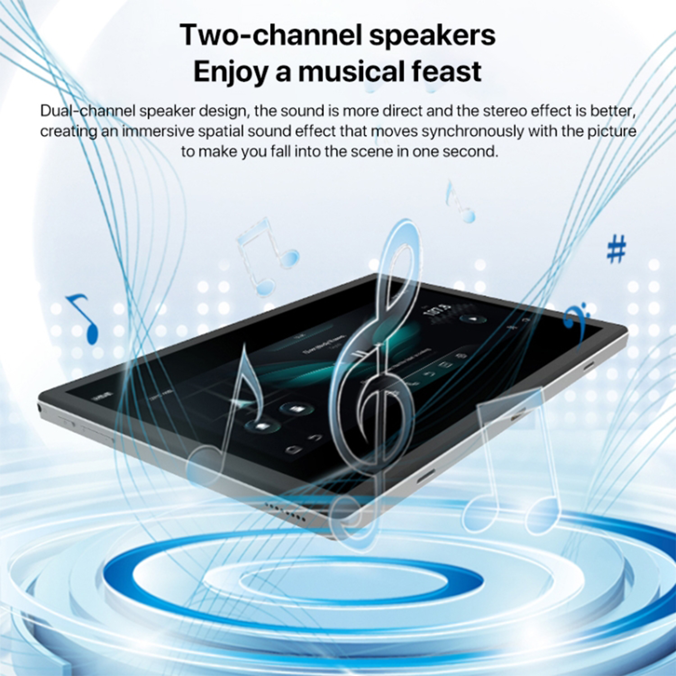 Tablet pokazujący nuty, otoczony nutami.