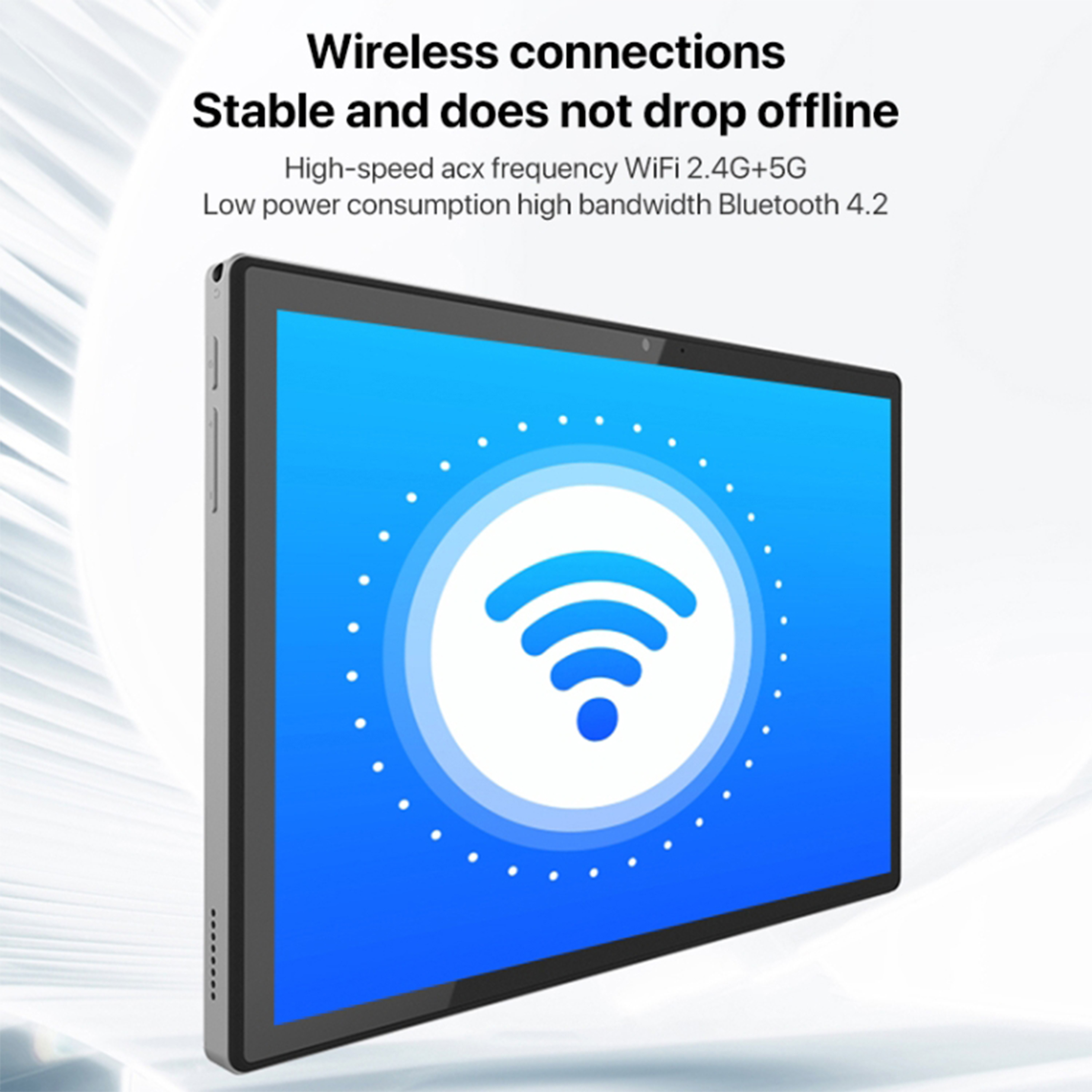 Tablet z symbolem Wi-Fi na ekranie i tekstem o połączeniach bezprzewodowych.