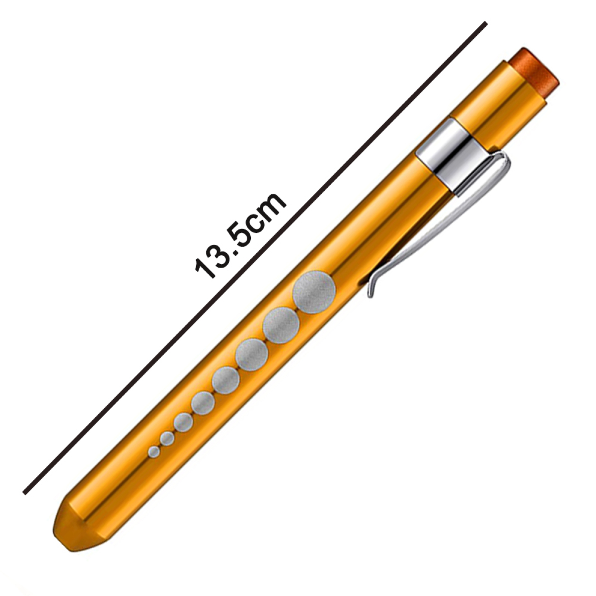 Goldene Stiftleuchte mit Clip, Knöpfen und einem Messetikett von 13,5 cm.