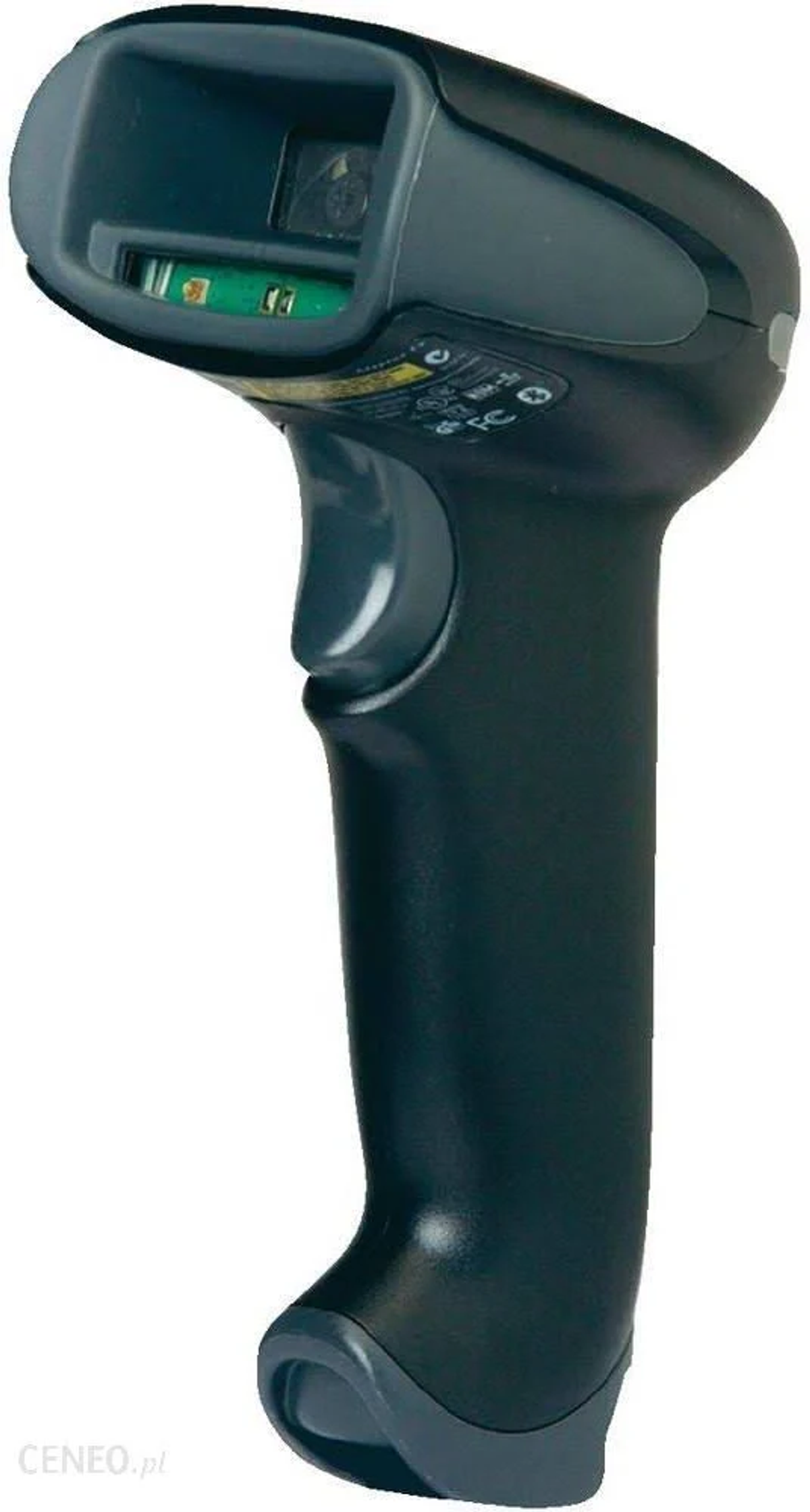 Ein schwarzer, tragbarer Barcodescanner mit grauem Griff. Er ist abgewinkelt und nach oben gerichtet.
