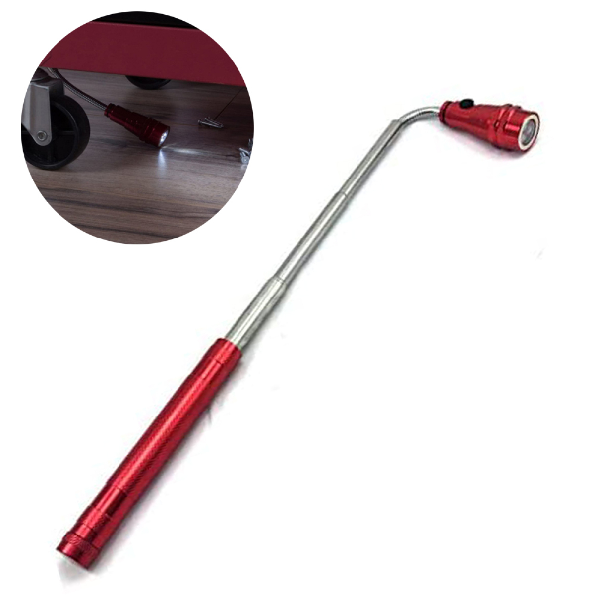 Eine rote, flexible Taschenlampe mit Licht am Ende, rotem Griff und schwarzem Griff.
