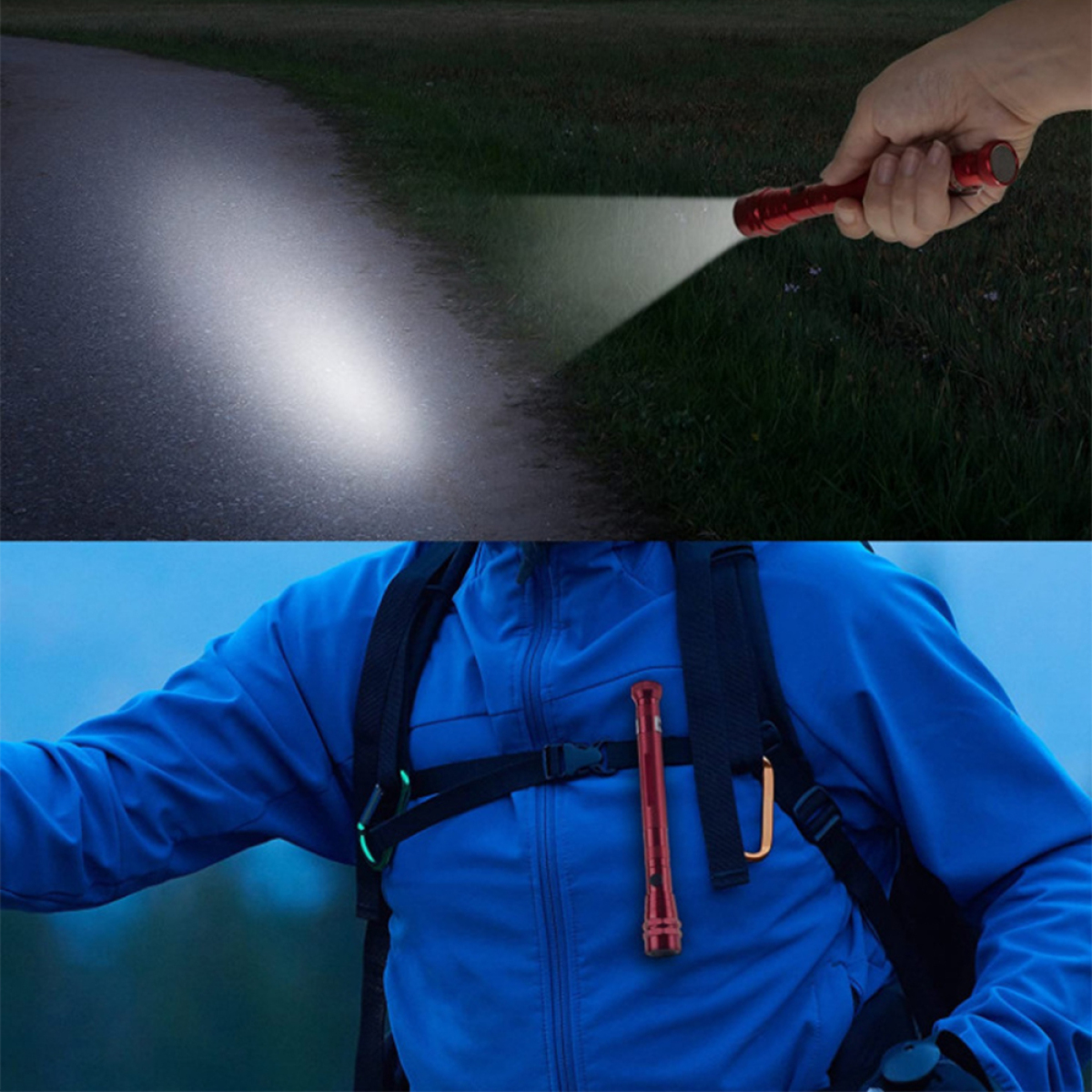 Eine Taschenlampe scheint auf einen Pfad. Eine Person hält sie. Eine andere zeigt die Taschenlampe in einem Rucksack.