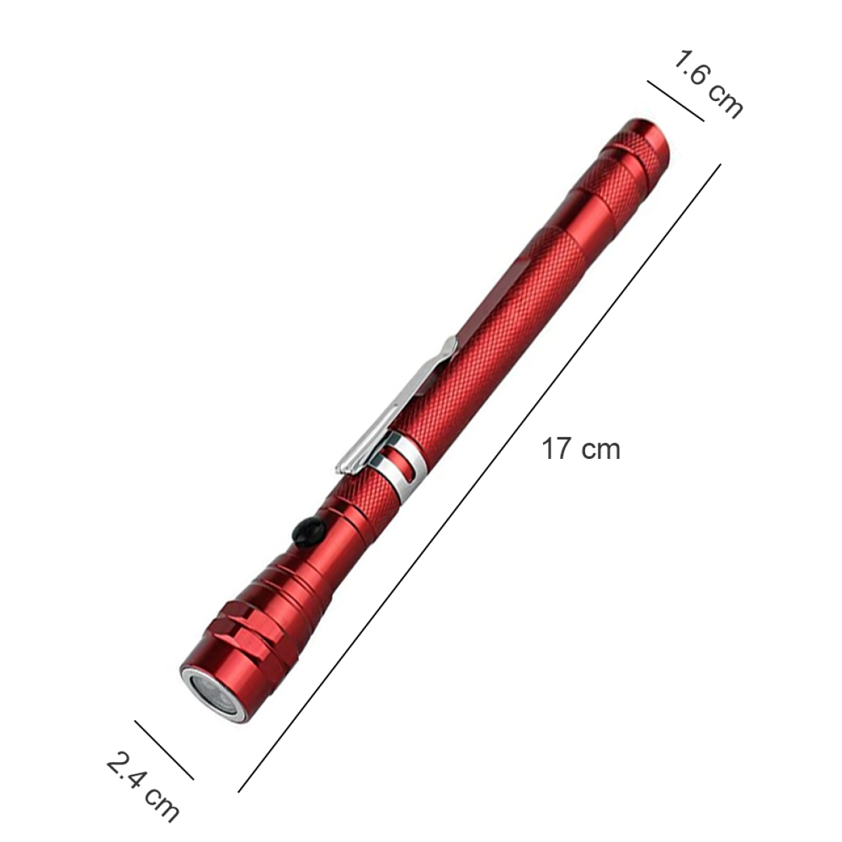 Rote Magnet-Taschenlampe. Abmessungen: 17 cm lang, 1,6 cm breit und 2,4 cm Durchmesser am Kopf.