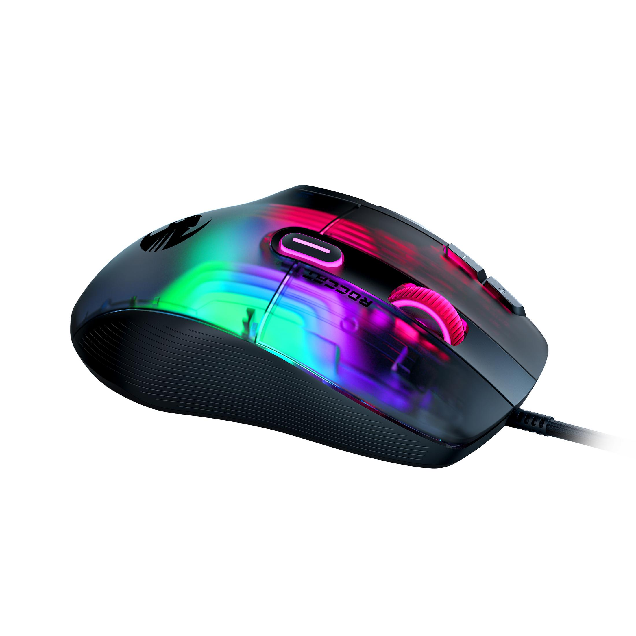Un mouse da gioco con luci colorate. Ha più pulsanti e una rotella di scorrimento. Accenti neri e rosa.