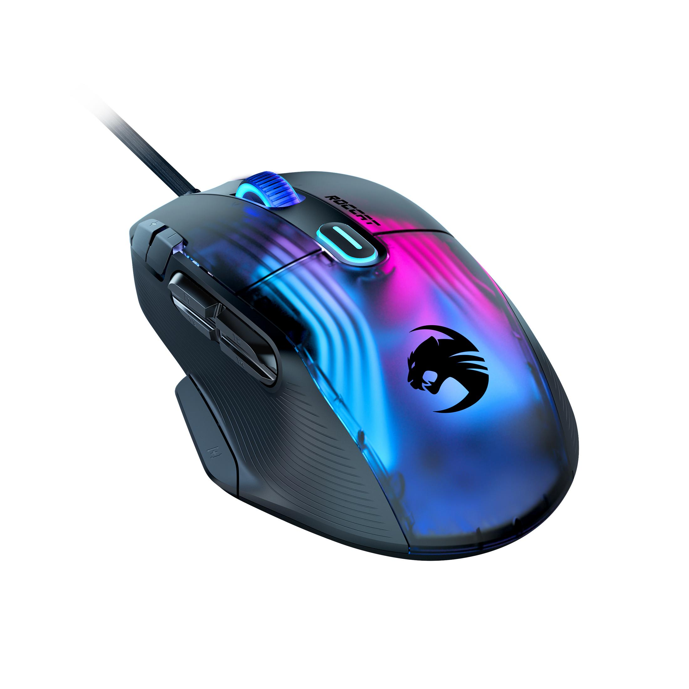 Un mouse da gioco con filo, nero con illuminazione blu e rosa. Il logo è visibile.
