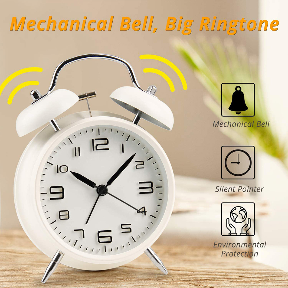 Wecker mit schwarzen Zahlen und Zeigern. Die Uhr hat zwei Glocken und einen Ständer.