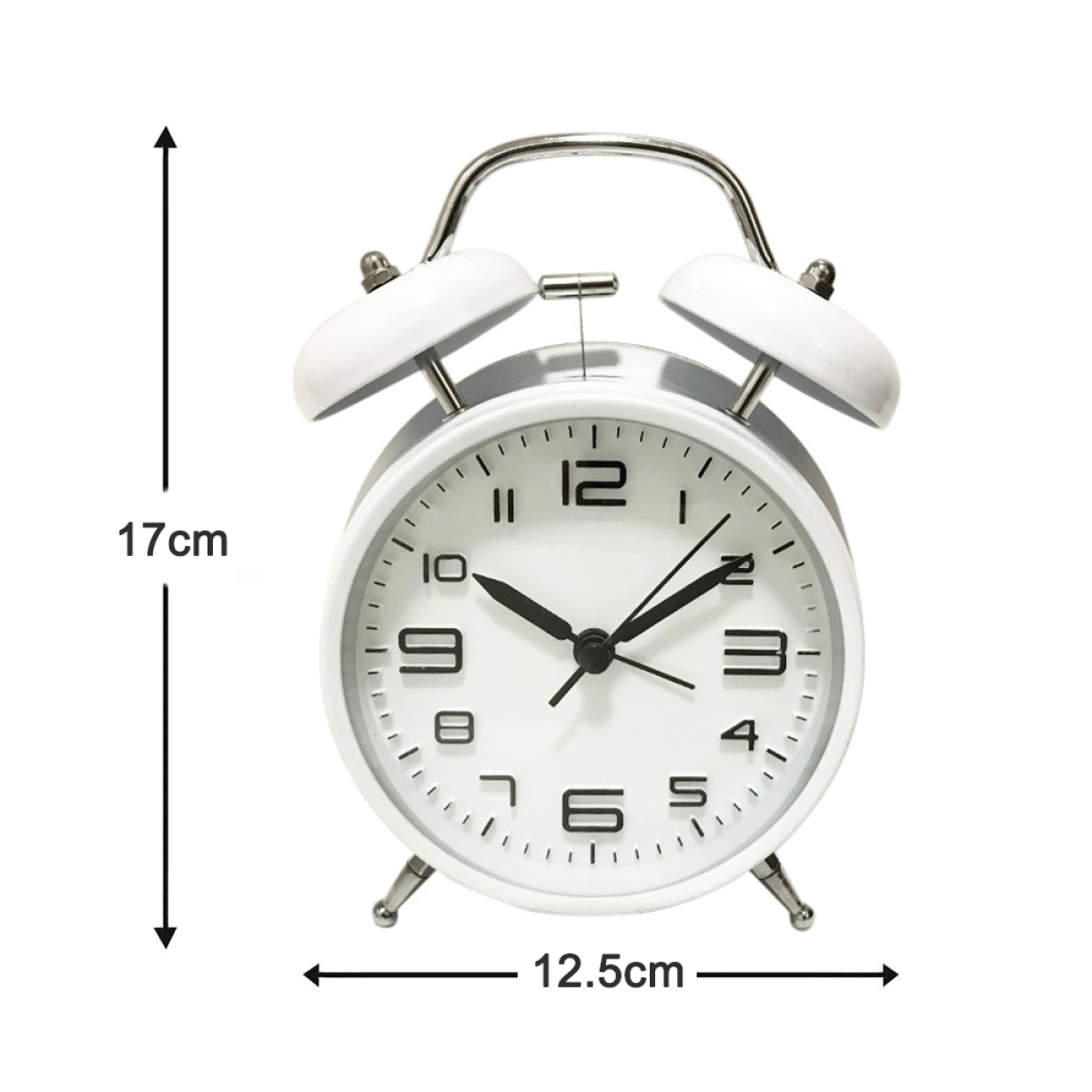 Weißer Wecker mit schwarzen Zahlen und Zeigern, 17 cm hoch, 12,5 cm breit.